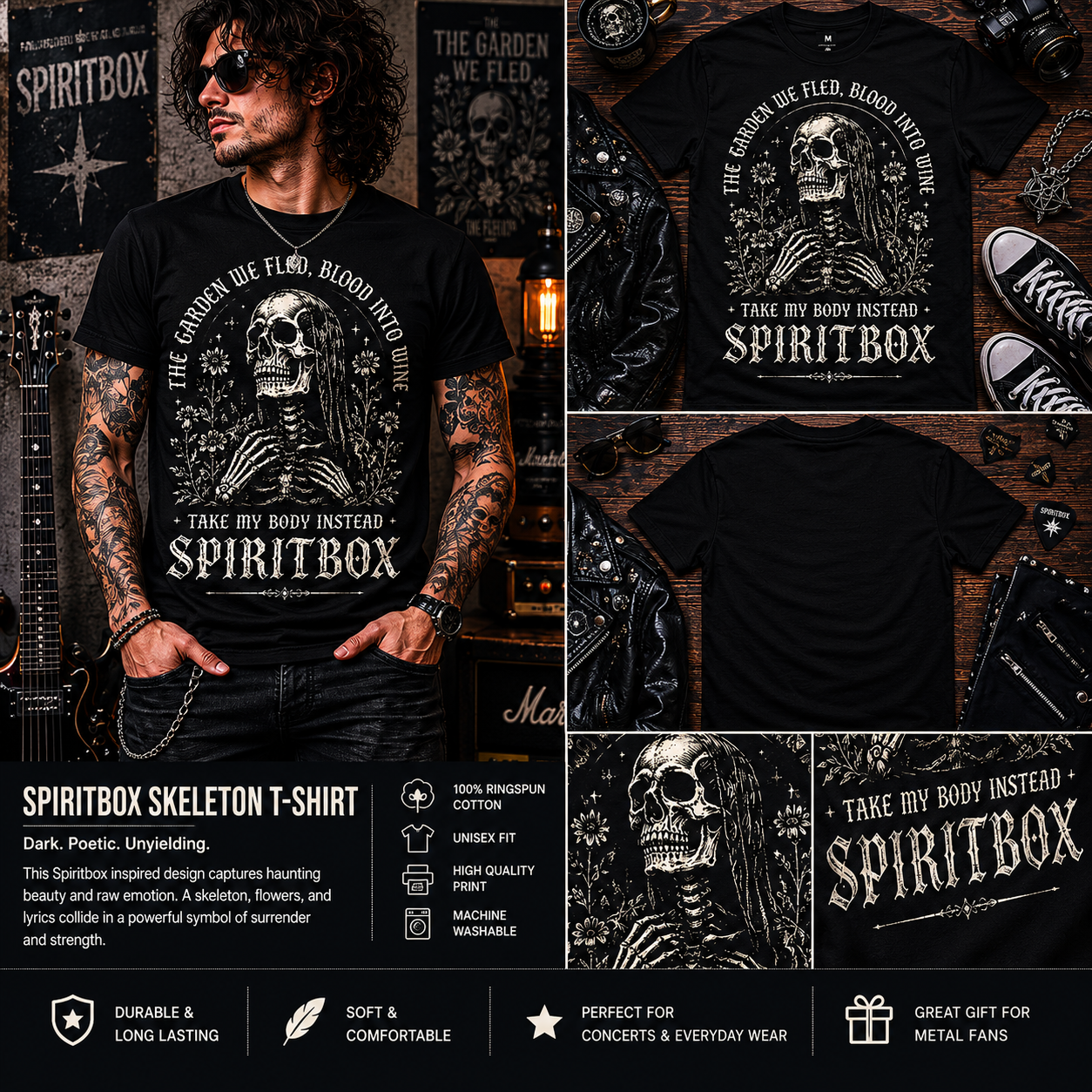 Spiritbox Skeleton Gothic Metal Band T-Shirt – The Garden We Fled Blood Into Wine Unisex Graphic Tee