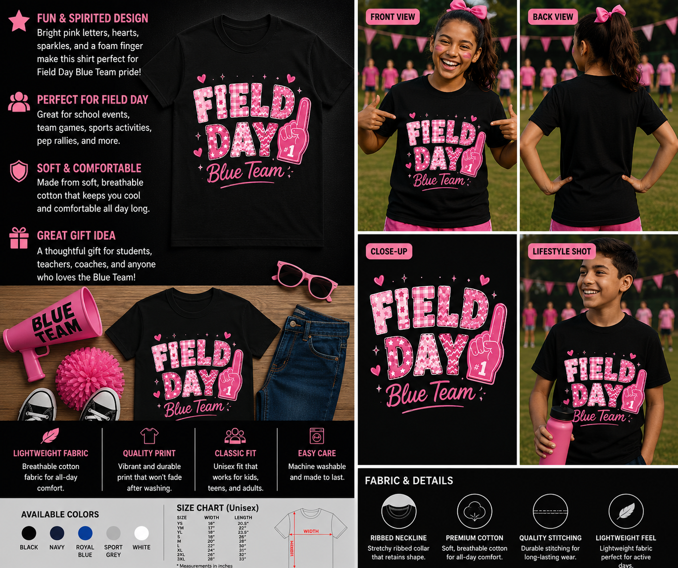 Field Day Blue Team Pink Foam Finger T-Shirt – Cute School Sports Day Matching Tee