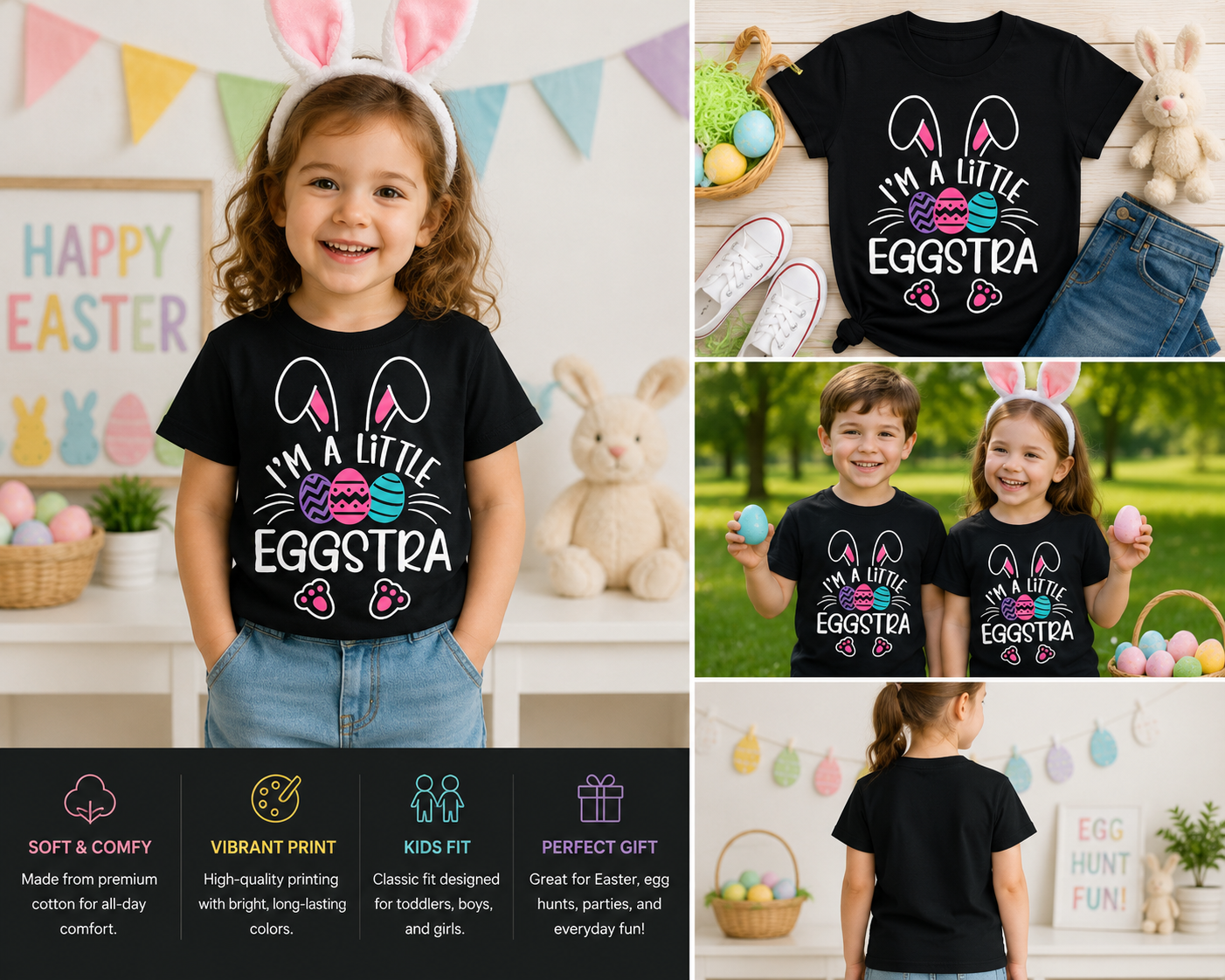 I’m A Little Eggstra Easter Bunny Shirt, Funny Easter Toddler Tee, Cute Bunny Ears Graphic T-Shirt for Kids Boys Girls