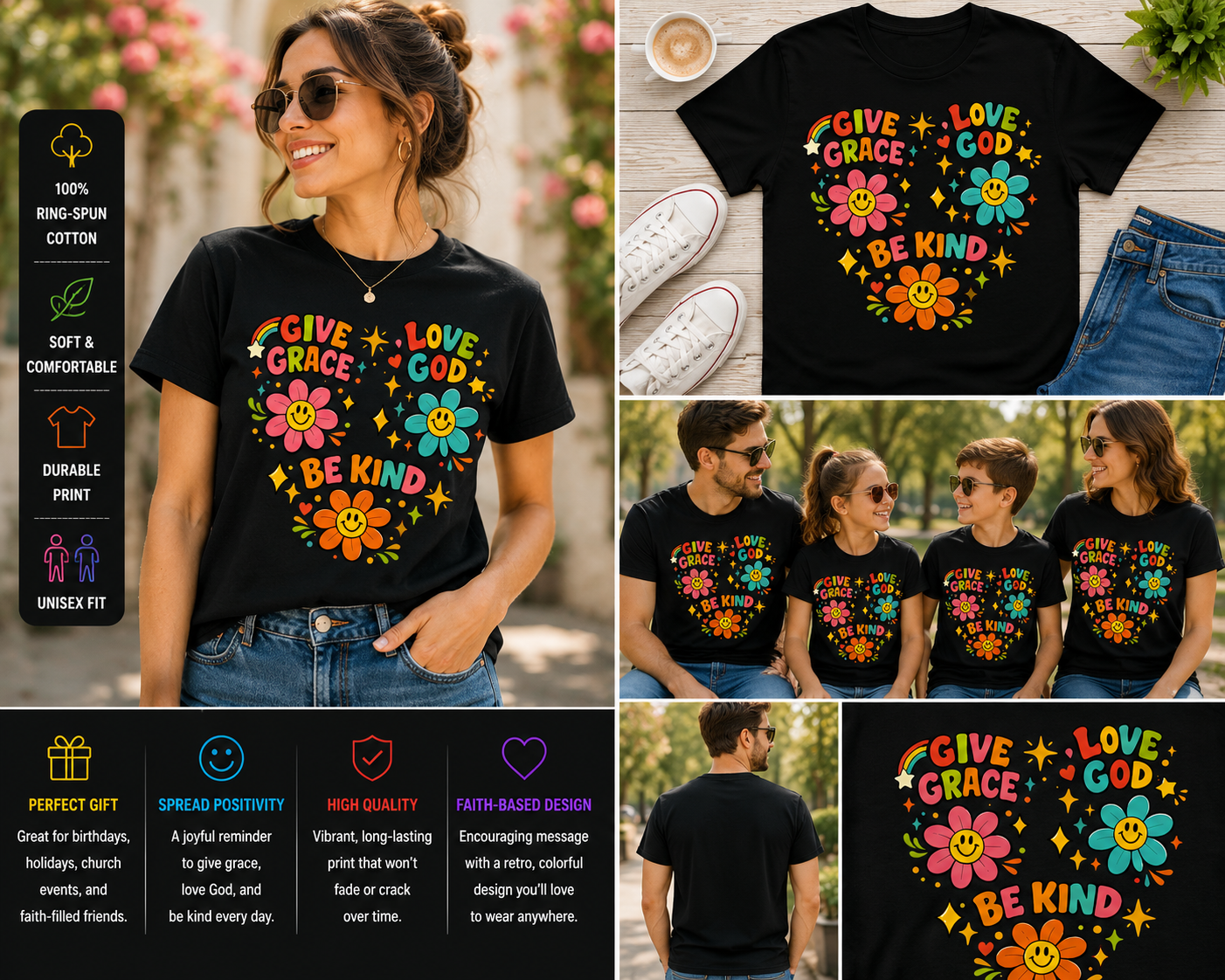 Give Grace Love God Be Kind Shirt Christian Smiley Flower Retro Graphic T-Shirt