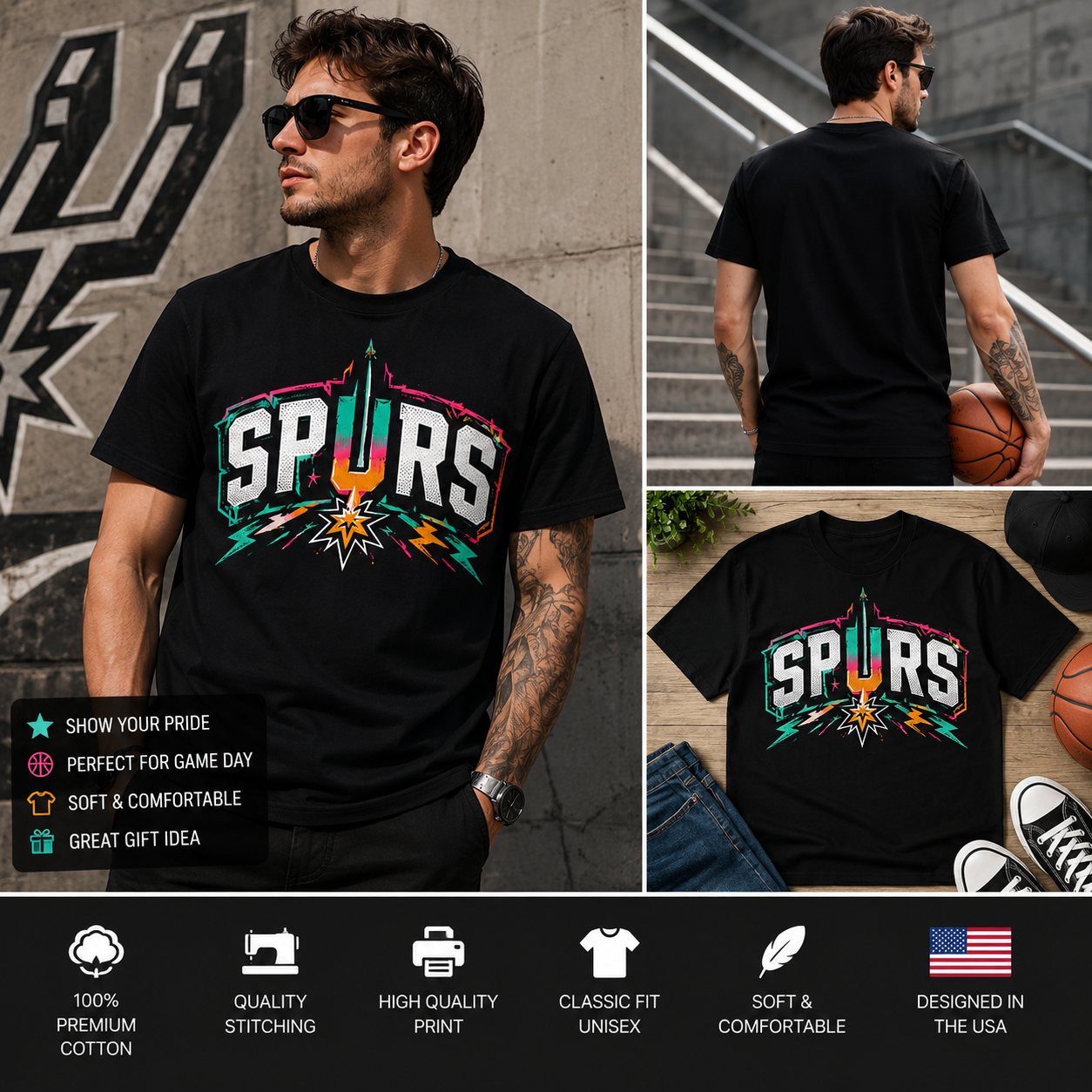 Retro Vintage Spurs Basketball T-Shirt – Colorful Neon Sports Fan Graphic Tee