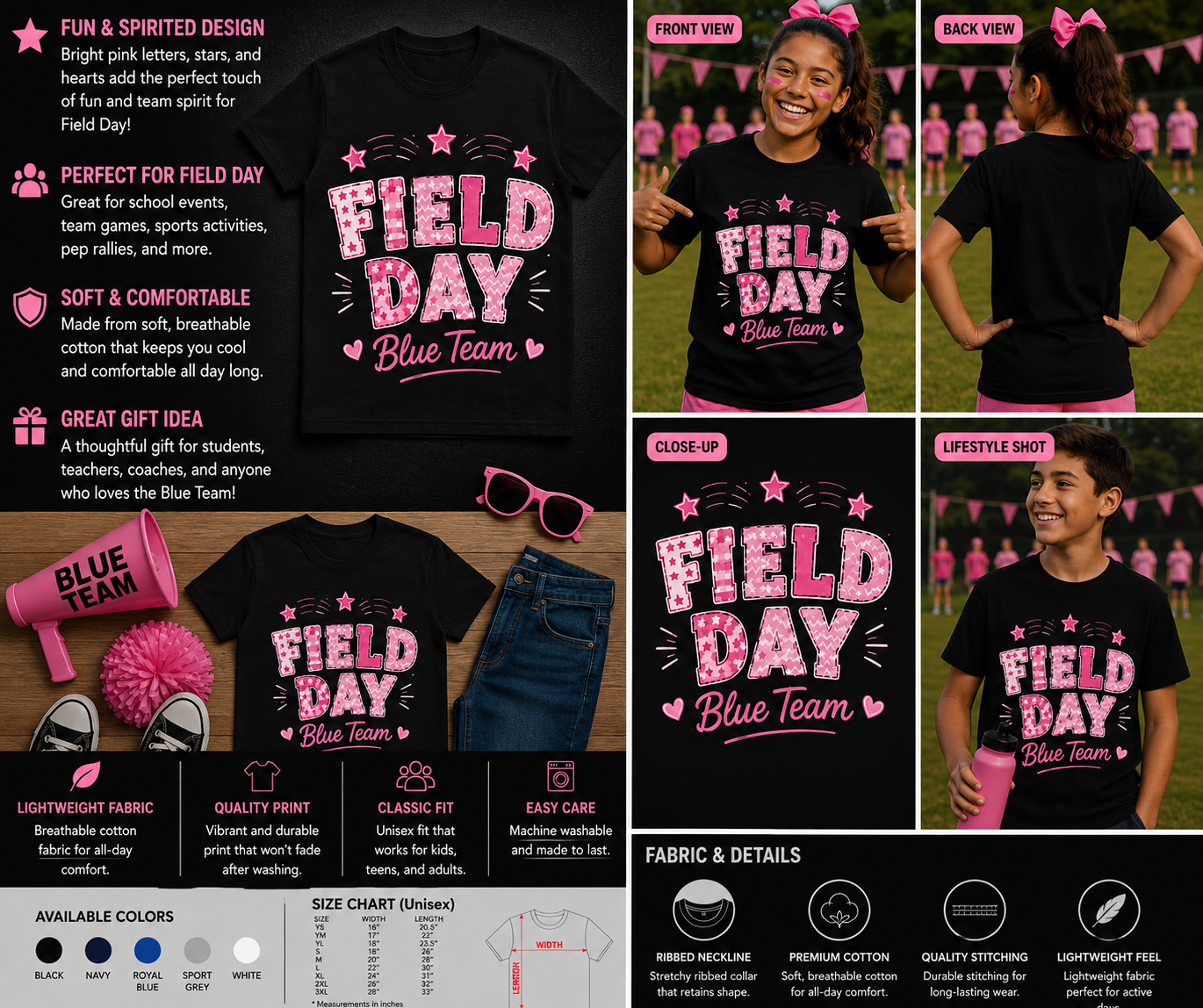 Field Day Blue Team Pink Stars T-Shirt – Cute School Sports Day Matching Tee