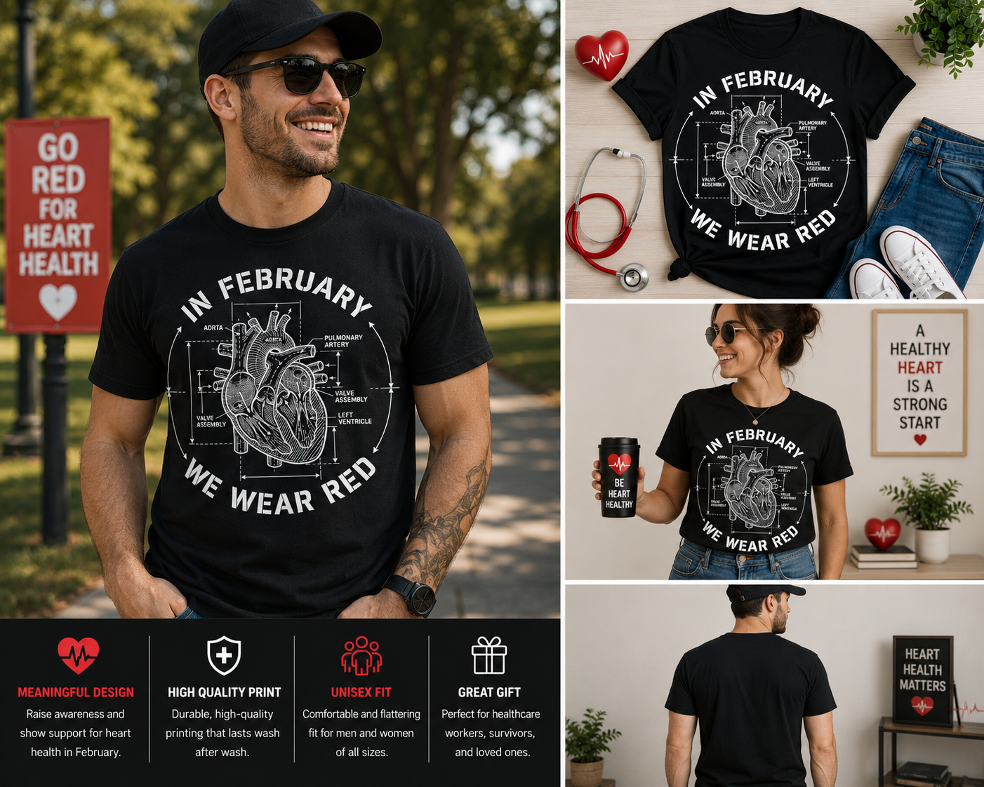 In February We Wear Red Shirt, Heart Disease Awareness Tee, Go Red For Women Graphic T-Shirt, Cardiology Awareness Month Shirt
