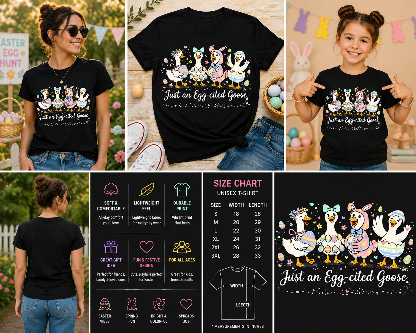 Just an Egg-Cited Goose Easter Shirt – Cute Funny Bunny Goose Graphic Tee for Women & Kids