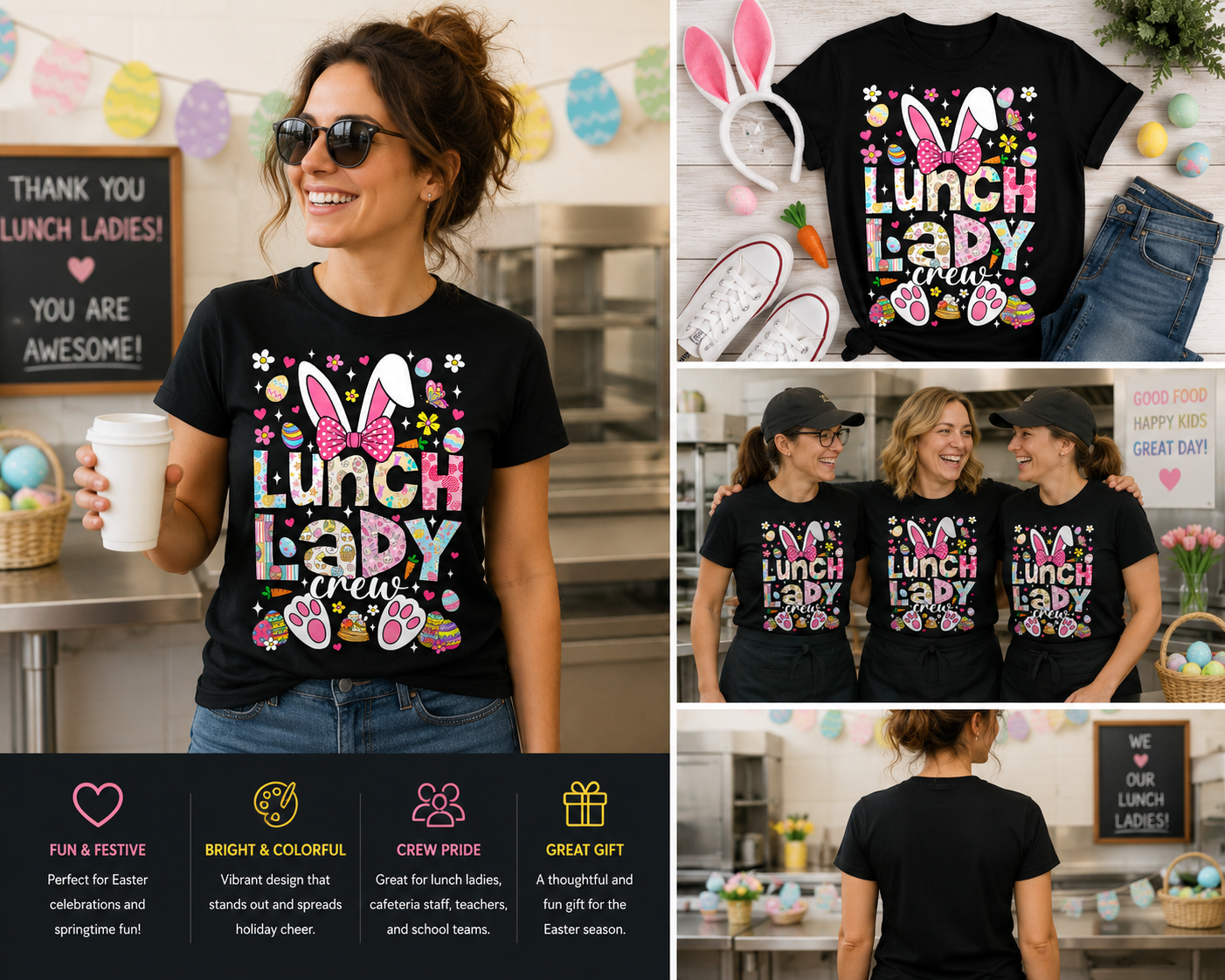Lunch Lady Crew Easter Shirt, Funny Bunny Cafeteria Staff Tee, Easter School Lunch Lady Graphic T-Shirt for Women