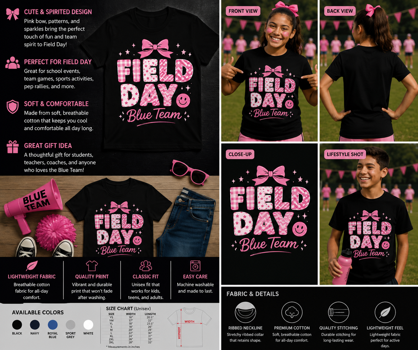 Field Day Blue Team Pink Bow T-Shirt – Cute School Sports Day Matching Tee