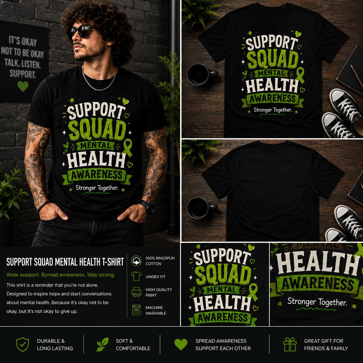 Support Squad Mental Health Awareness T-Shirt – Stronger Together Green Ribbon Unisex Graphic Tee