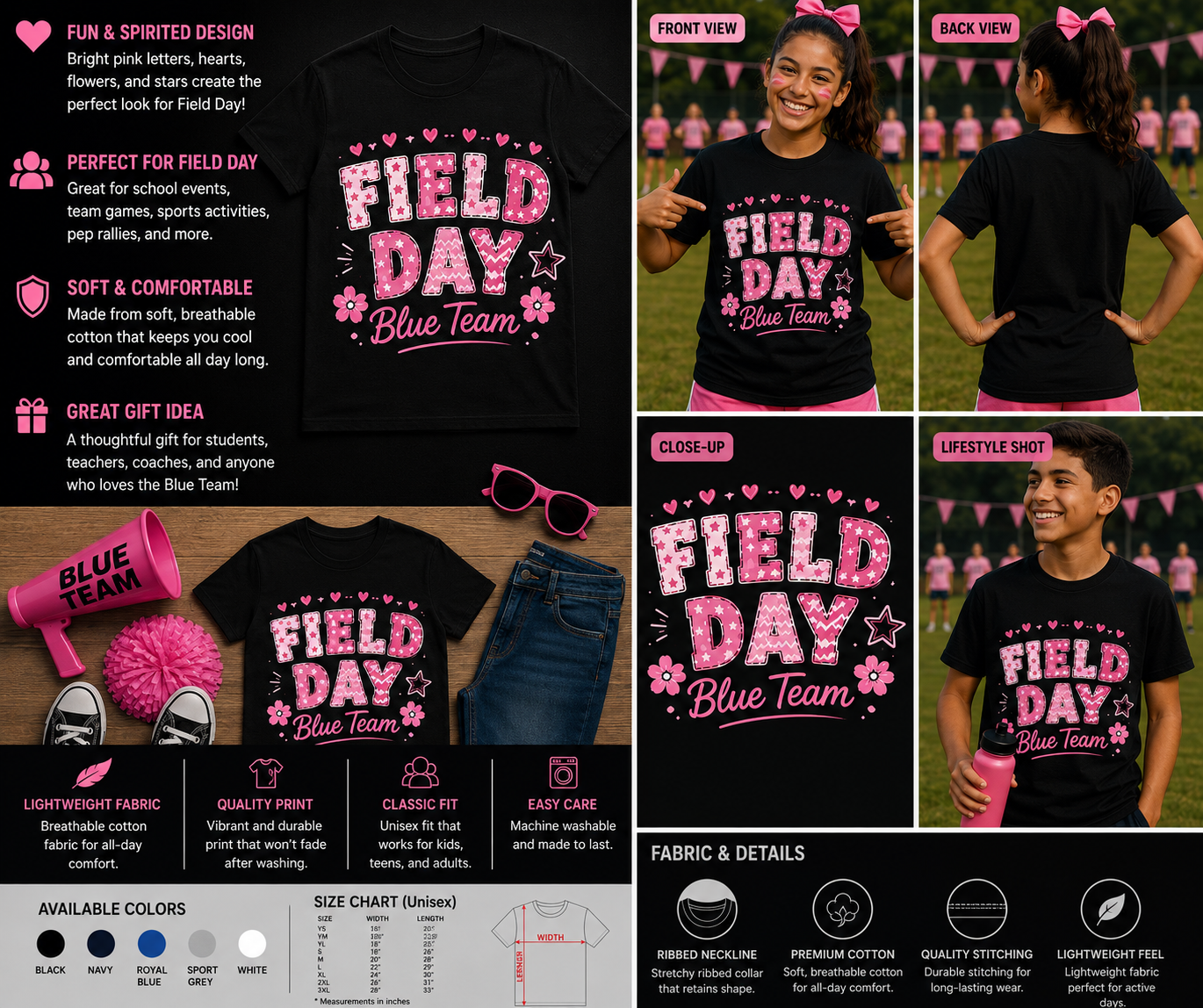 Field Day Blue Team Pink Floral T-Shirt – Cute School Sports Day Matching Tee