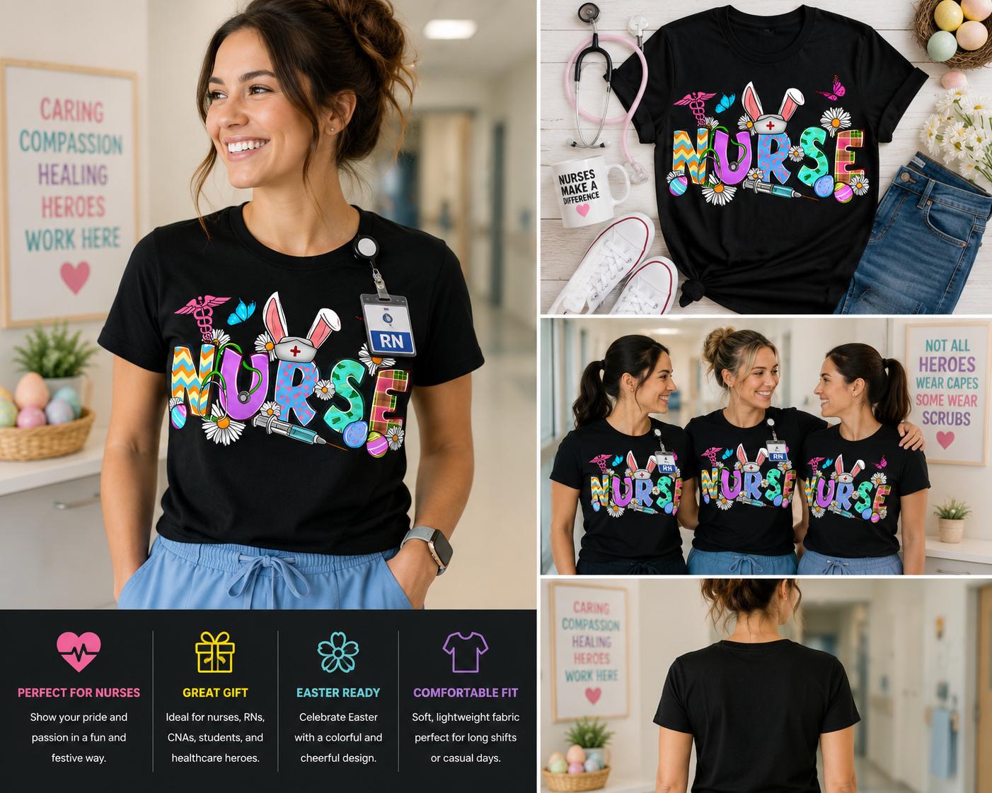 Cute Easter Nurse Bunny Ears Nurse Life T-Shirt for Women RN CNA Medical Staff