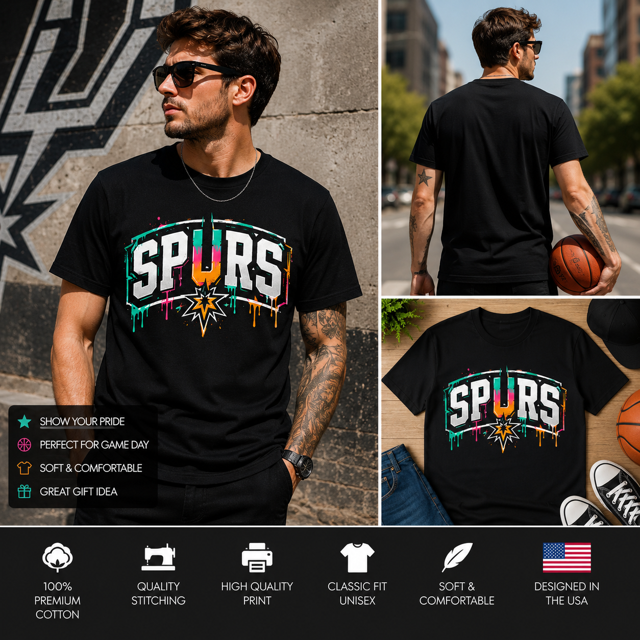 Retro Vintage Spurs Drip Graphic T-Shirt – Colorful Basketball Fan Tee for Men & Women