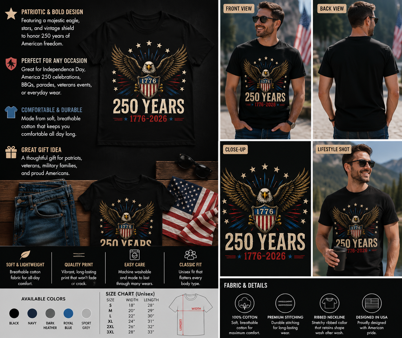 250 Years of American Freedom Eagle Patriotic T-Shirt – 1776-2026 USA Anniversary Graphic Tee