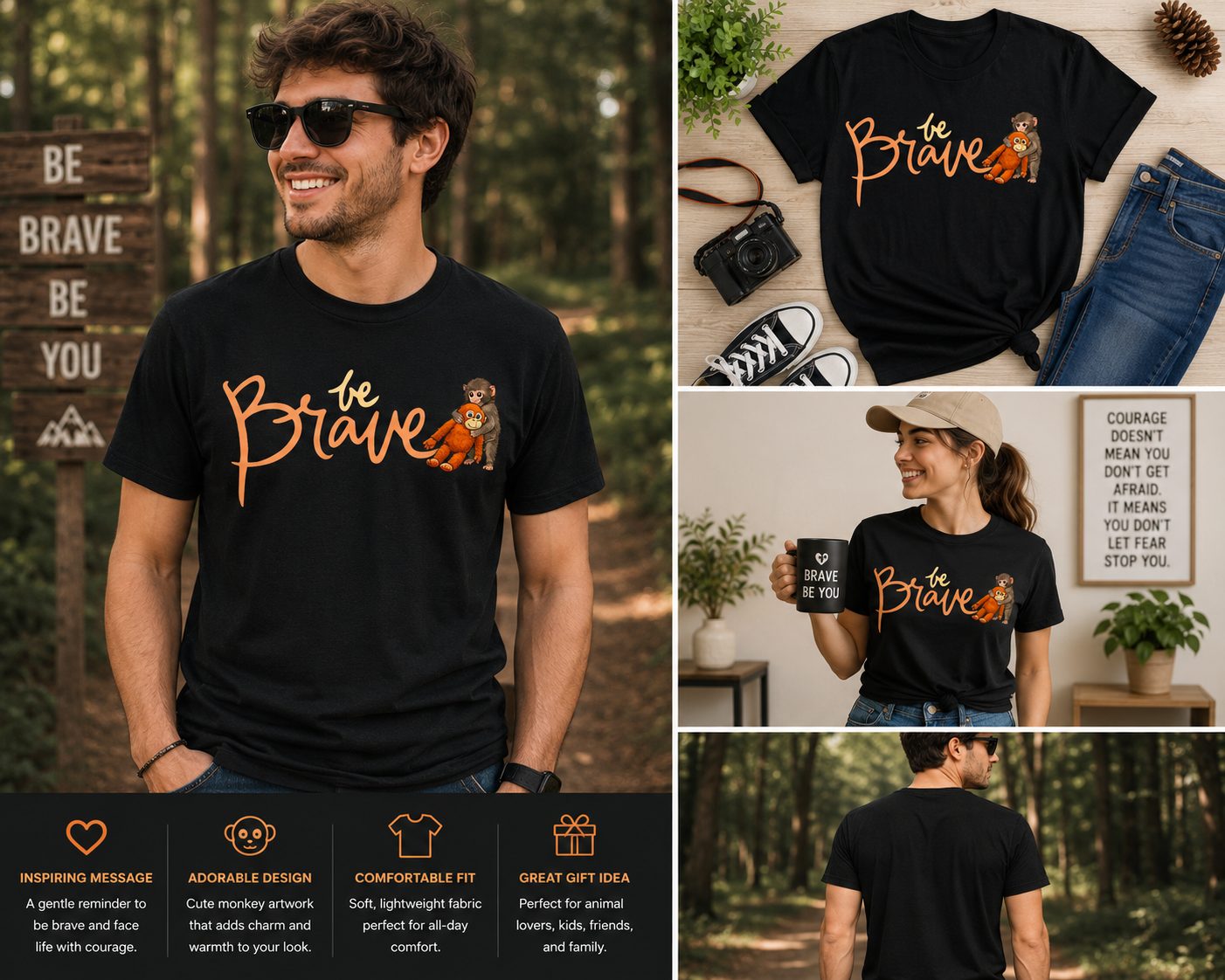 Be Brave Cute Monkey T-Shirt – Adorable Inspirational Animal Graphic Tee