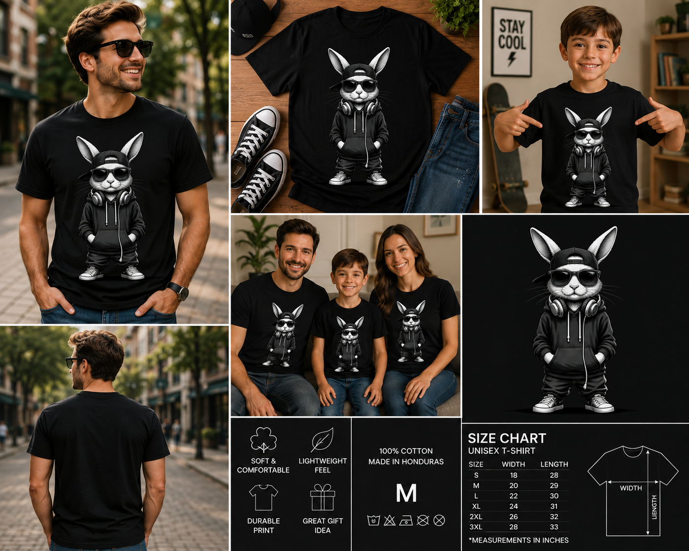 Cool Bunny with Sunglasses Easter Graphic T-Shirt for Boys Men Women