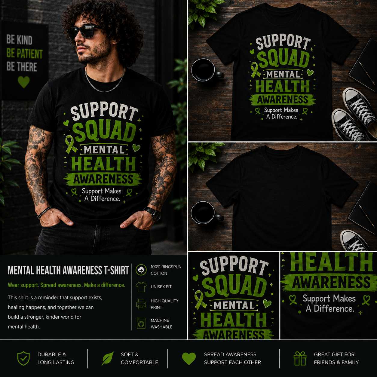Support Squad Mental Health Awareness T-Shirt – Support Makes A Difference Green Ribbon Unisex Graphic Tee