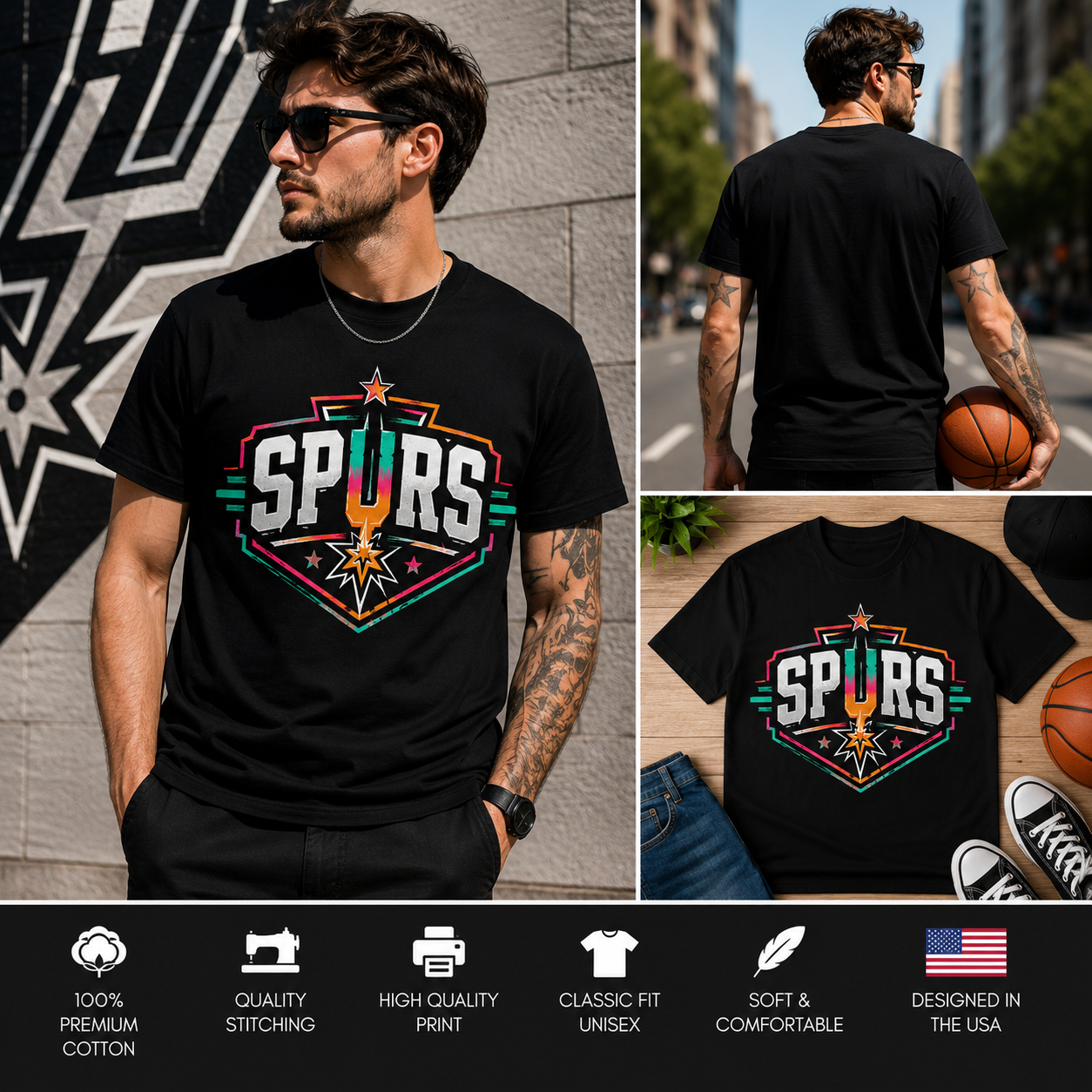 Retro Vintage Spurs Neon Badge T-Shirt – Colorful Basketball Fan Graphic Tee for Men & Women