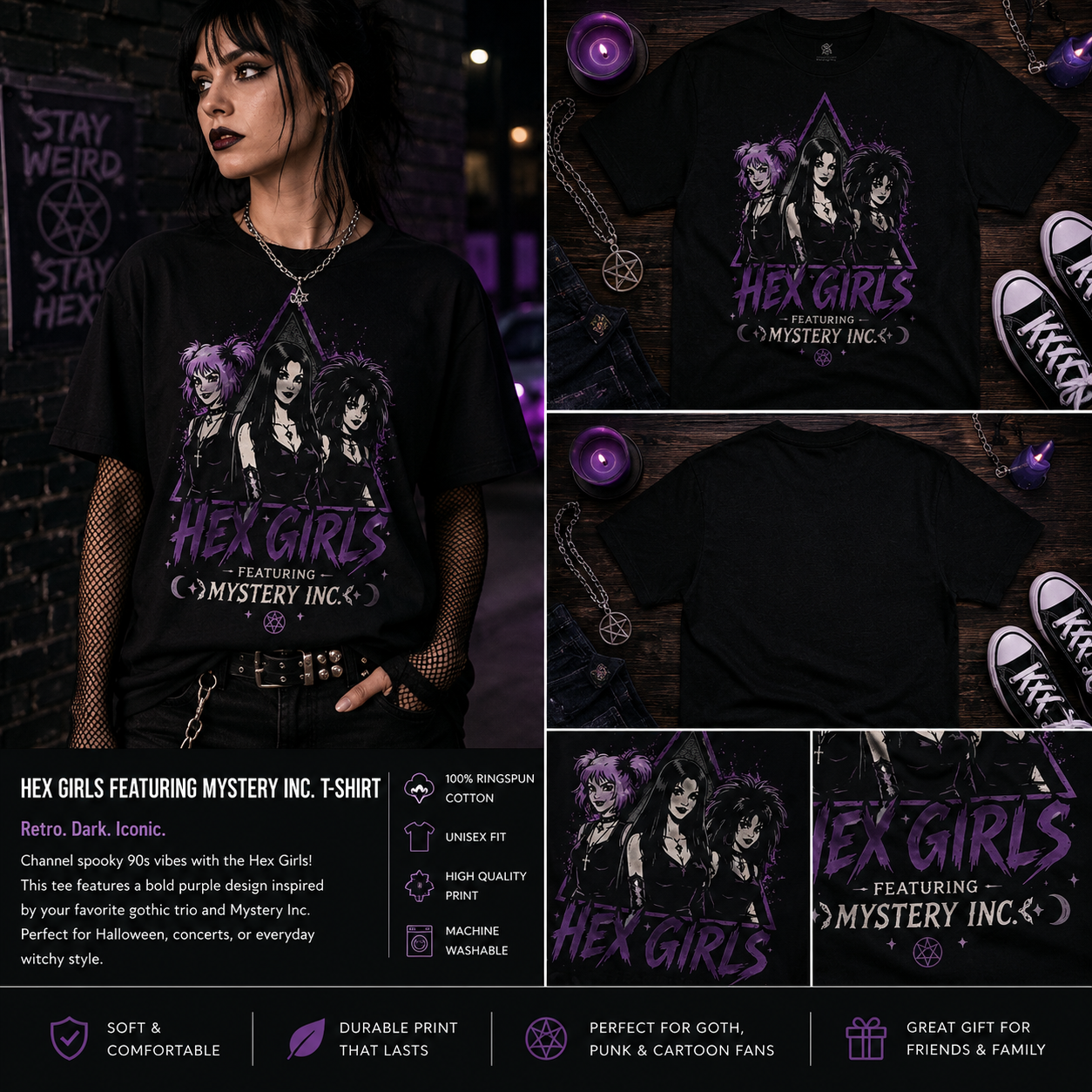 Hex Girls Featuring Mystery Inc. Gothic Cartoon T-Shirt – Retro 90s Witch Band Graphic Tee