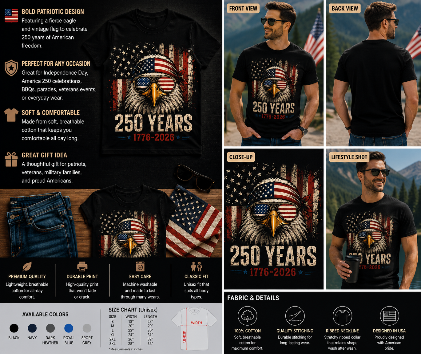 250 Years USA Patriotic Eagle T-Shirt – Vintage American Flag 1776-2026 Independence Day Tee