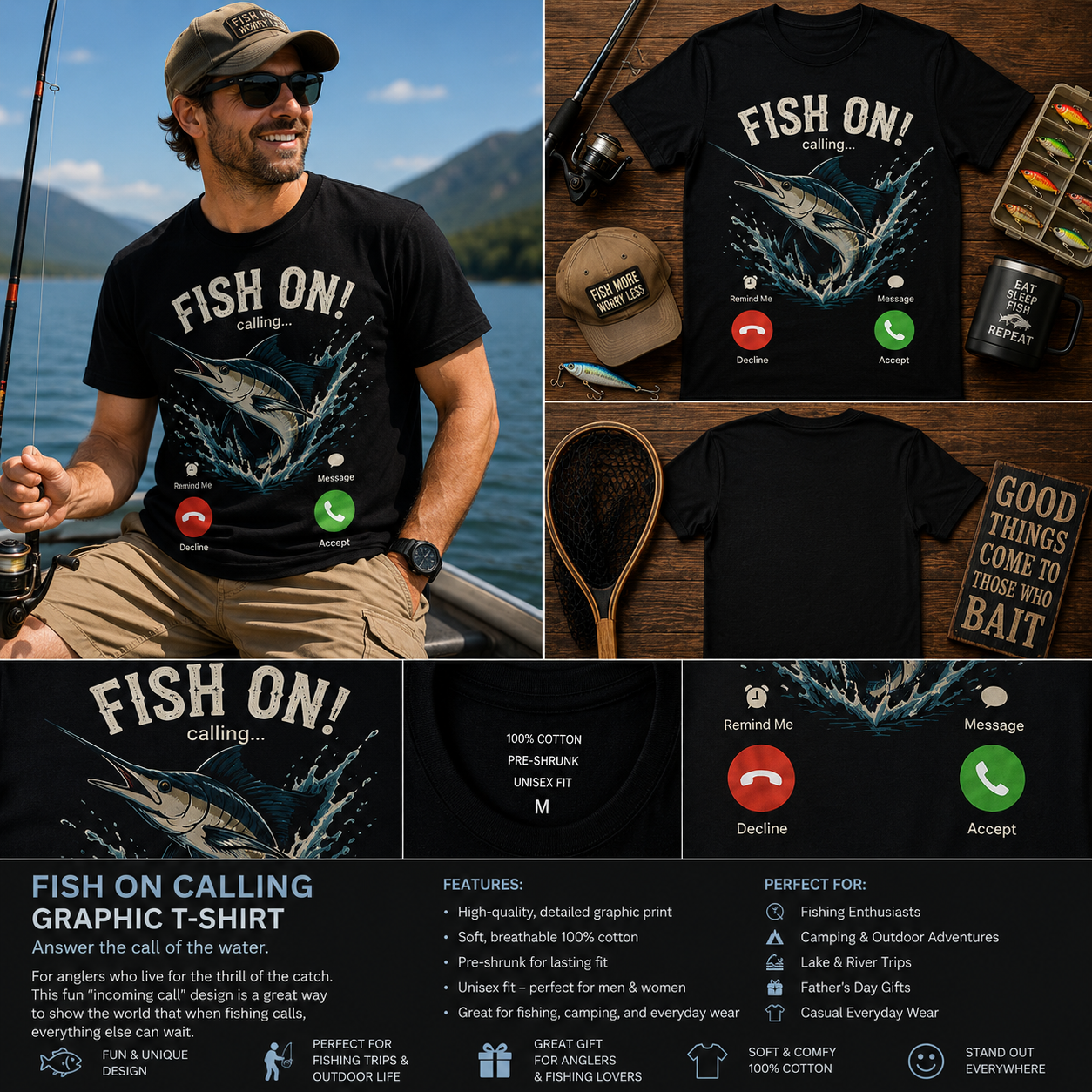 Fish On Calling Graphic T-Shirt – Funny Fishing Incoming Call Tee for Anglers