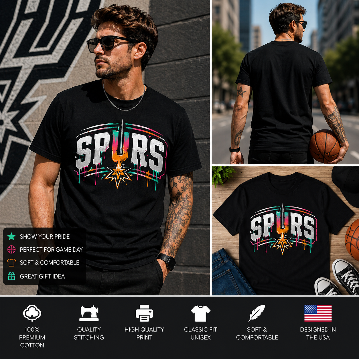 Retro Vintage Spurs Drip Basketball T-Shirt – Neon Streetwear Fan Graphic Tee for Men & Women