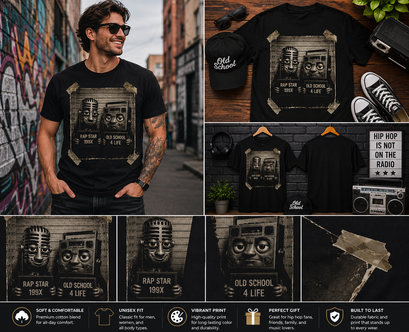 Old School Rap Star Vintage Graphic T-Shirt – Retro Hip Hop Boom Box Streetwear Tee for Men & Women