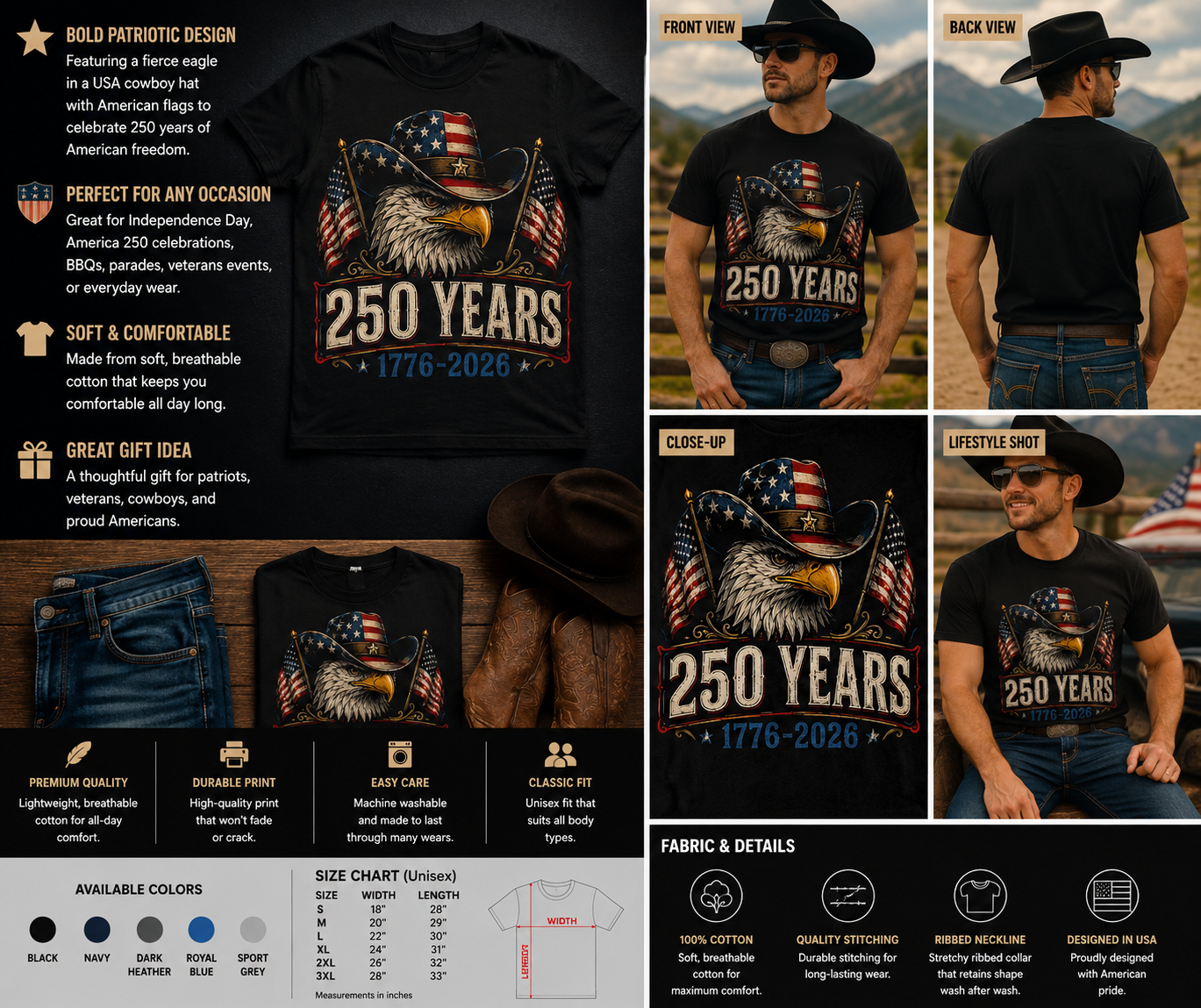 250 Years American Eagle Cowboy Hat Patriotic T-Shirt – USA 1776-2026 Anniversary Graphic Tee