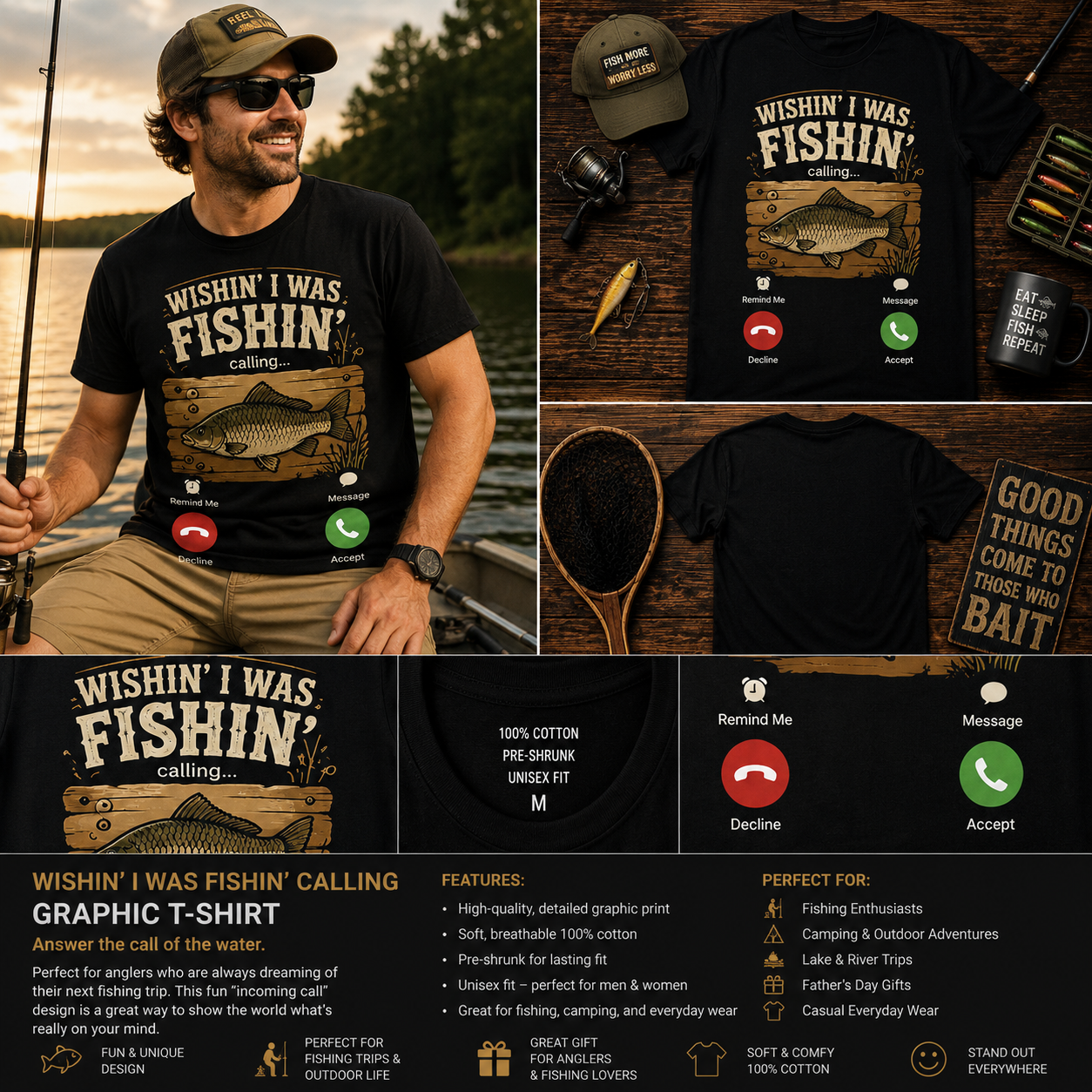 Wishin’ I Was Fishin’ Calling Graphic T-Shirt – Funny Fishing Incoming Call Tee for Anglers