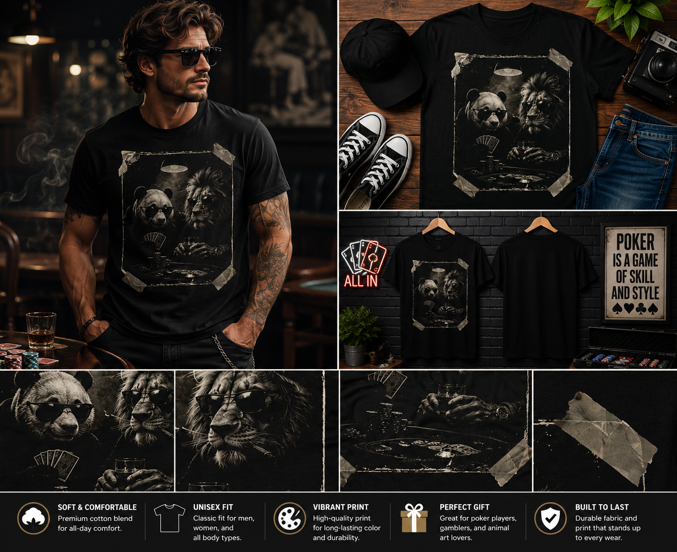 Vintage Animal Poker Graphic T-Shirt – Retro Lion & Panda Casino Streetwear Tee for Men & Women