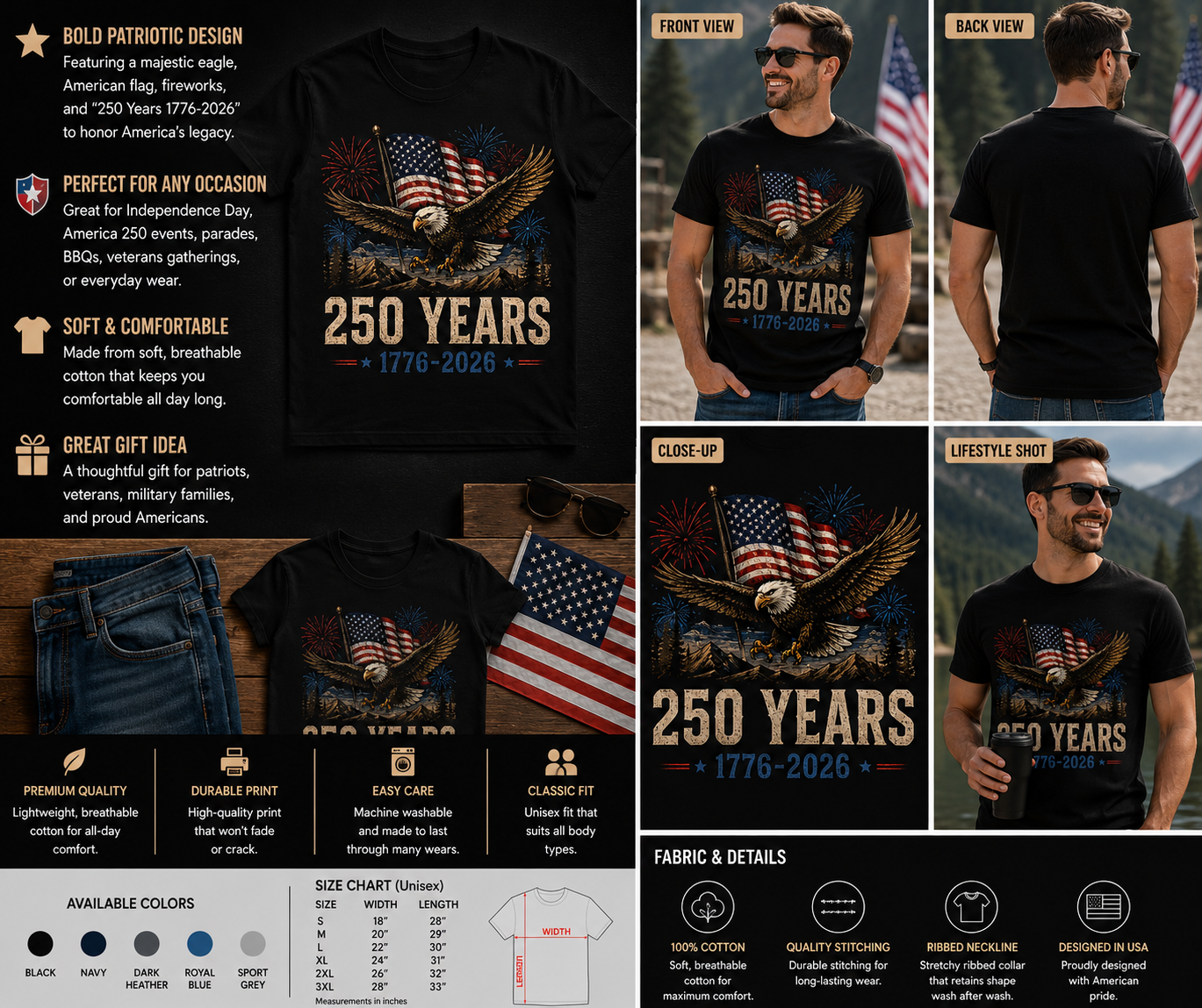 250 Years Patriotic Eagle USA Flag T-Shirt – 1776-2026 American Independence Anniversary Tee