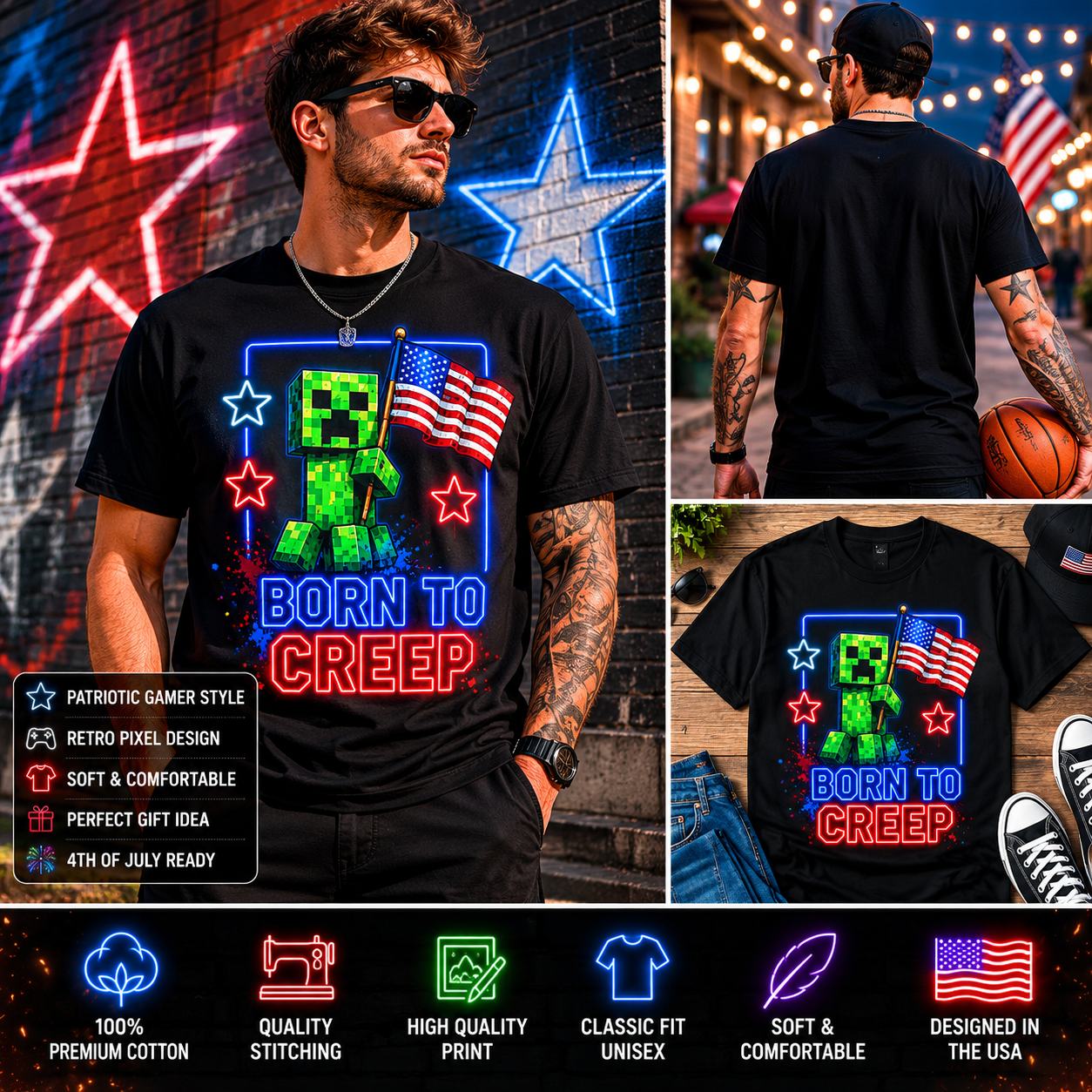 Born to Creep Neon Pixel Gamer Patriotic 4th of July T-Shirt