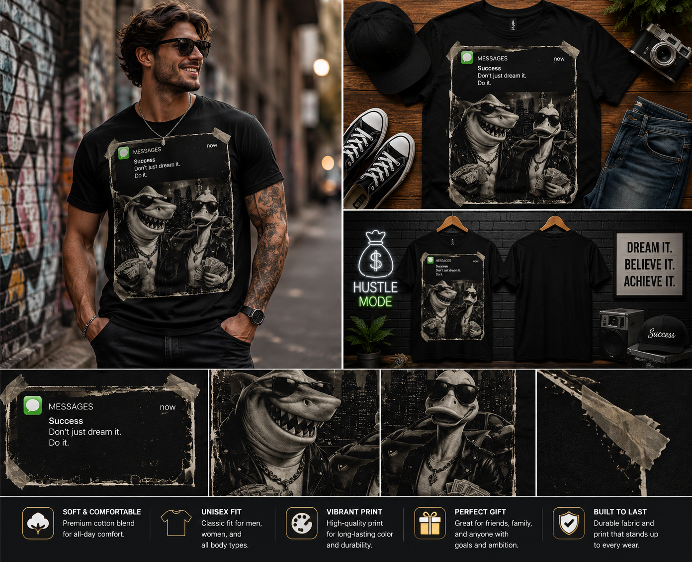 Success Message Vintage Streetwear Graphic T-Shirt – Retro Shark & Duck Hustle Meme Tee