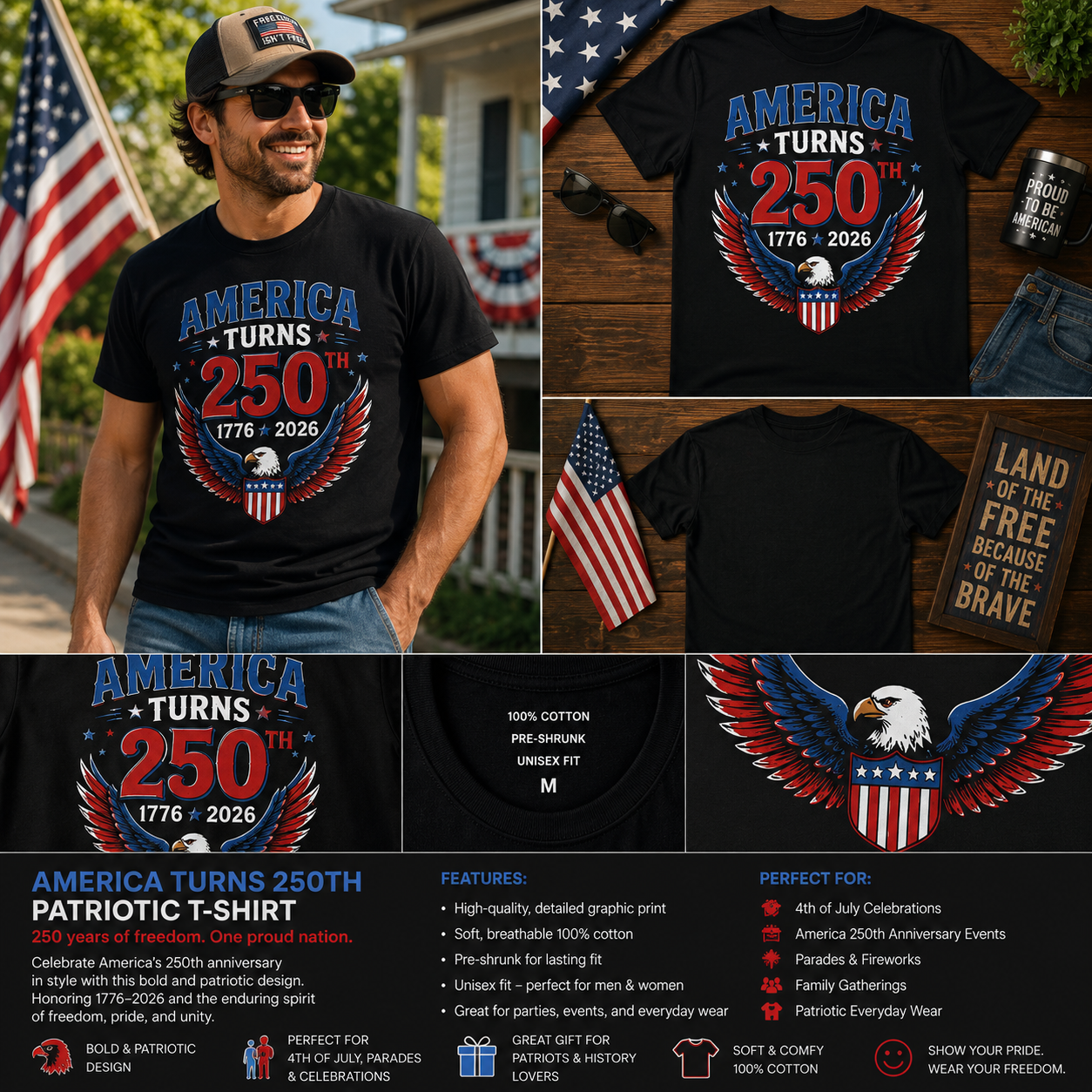 America Turns 250 Patriotic Eagle T-Shirt – 1776–2026 USA Semiquincentennial Celebration Tee