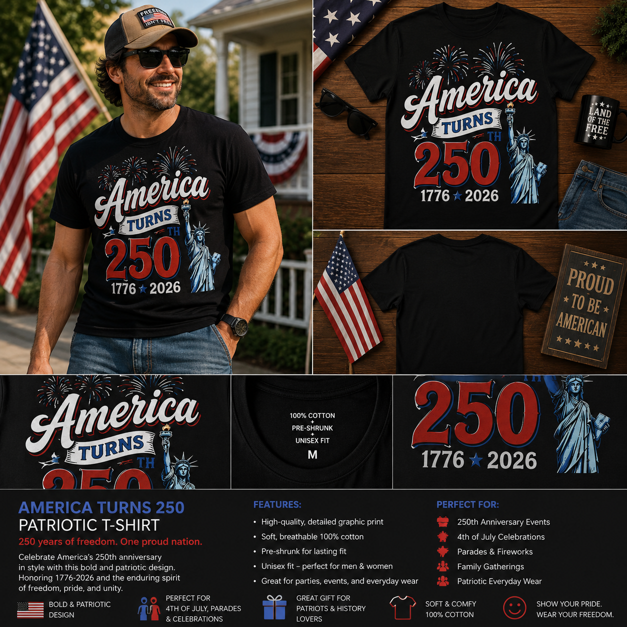 America Turns 250 Patriotic Fireworks T-Shirt – 1776–2026 USA Anniversary Celebration Tee