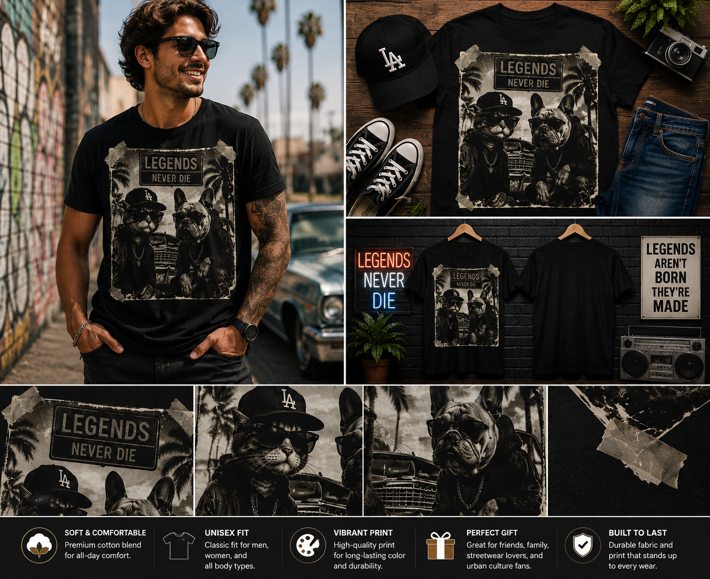 Legends Never Die Vintage Streetwear Graphic T-Shirt – Retro Cat & Bulldog Urban Legend Tee