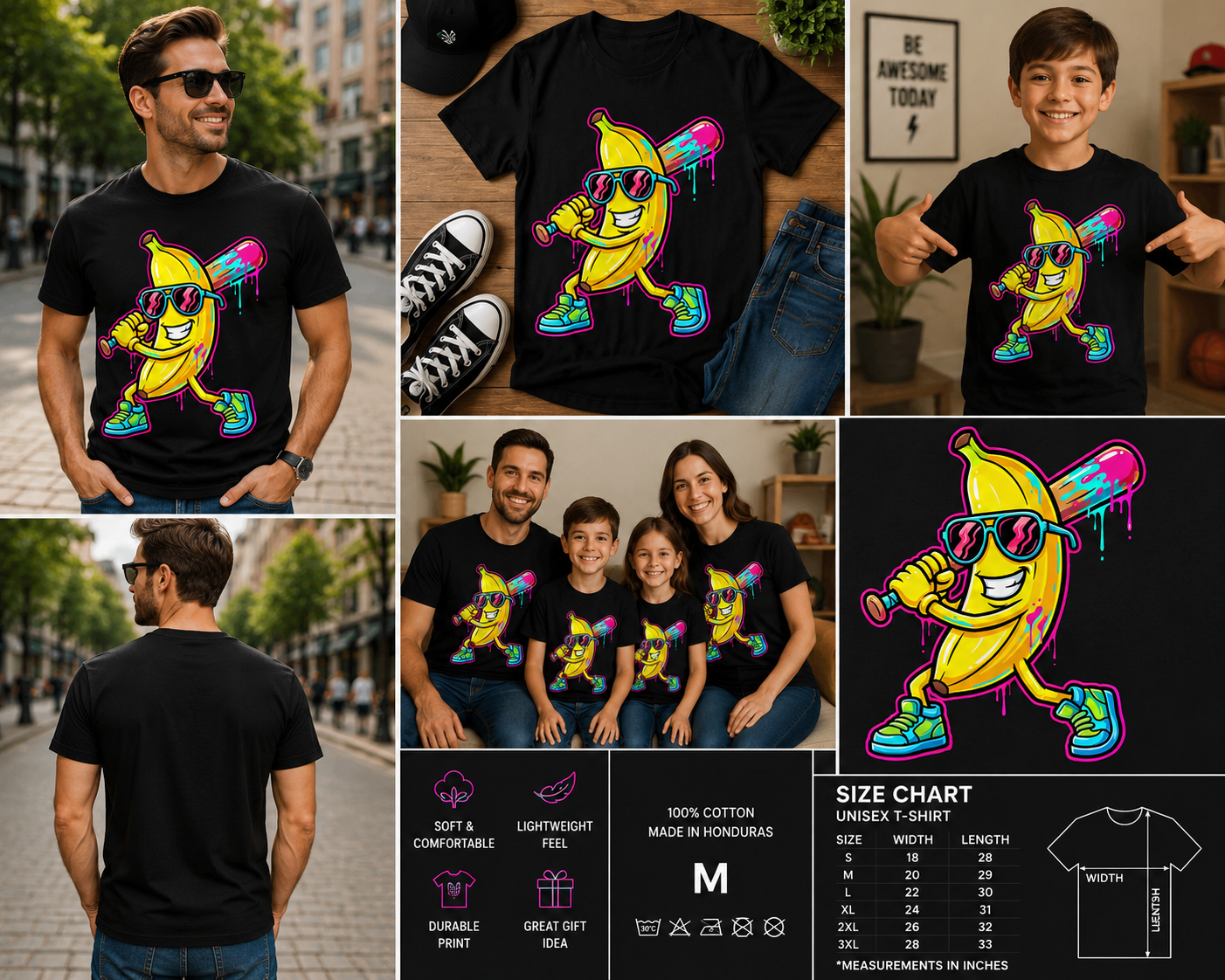 Funny Banana Baseball Drip Cartoon Graphic T-Shirt for Kids