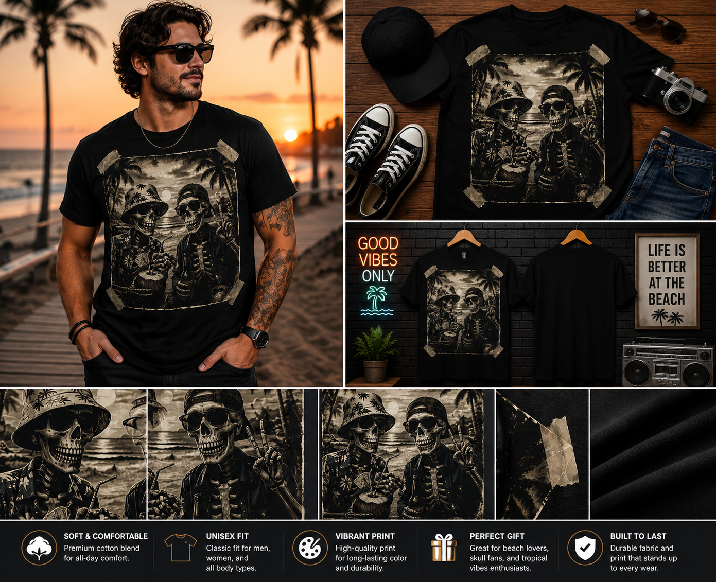 Vintage Beach Skeleton Graphic T-Shirt – Retro Skull Vacation Streetwear Tee
