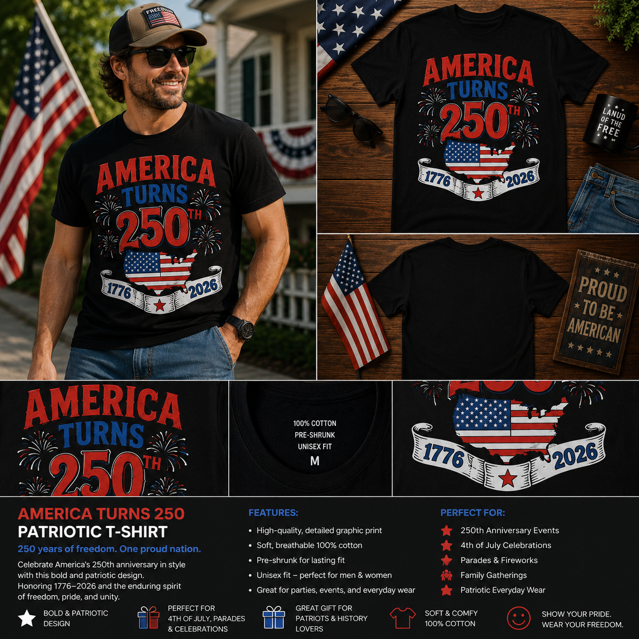 America Turns 250 Patriotic Fireworks T-Shirt – USA 1776–2026 Semiquincentennial Celebration Tee