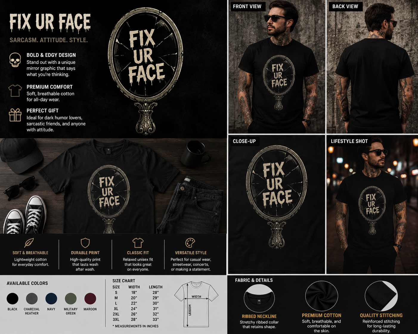 Fix Ur Face Mirror Funny Sarcastic Graphic T-Shirt – Dark Humor Gothic Tee
