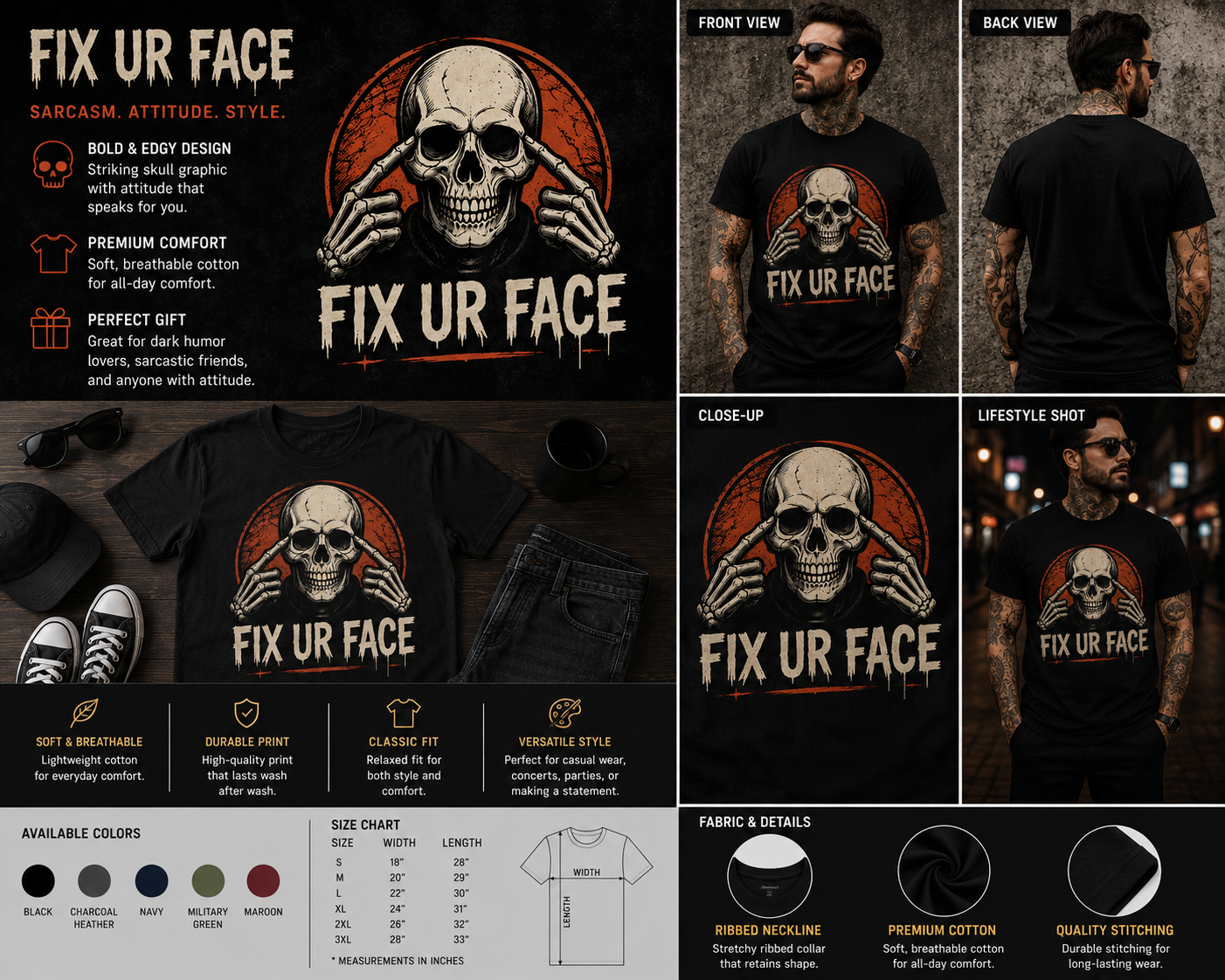 Fix Ur Face Skull Graphic T-Shirt – Funny Sarcastic Gothic Horror Tee