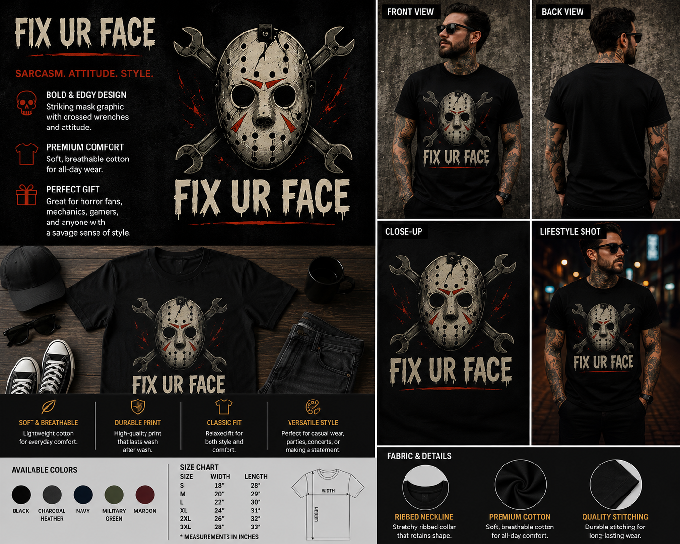 Fix Ur Face Horror Mask Funny Sarcastic Graphic T-Shirt