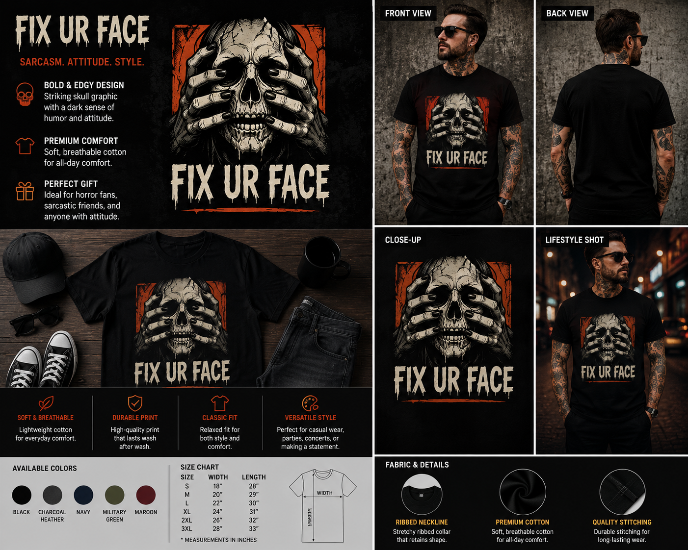 Fix Ur Face Skull Horror Graphic T-Shirt – Dark Humor Gothic Tee
