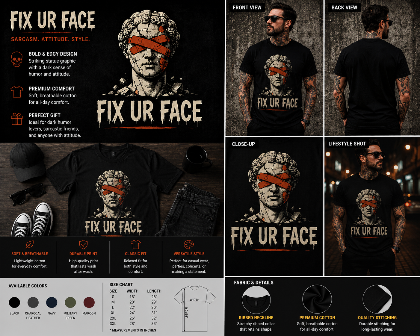 Fix Ur Face Gothic Statue Graphic T-Shirt – Dark Humor Vintage Horror Tee