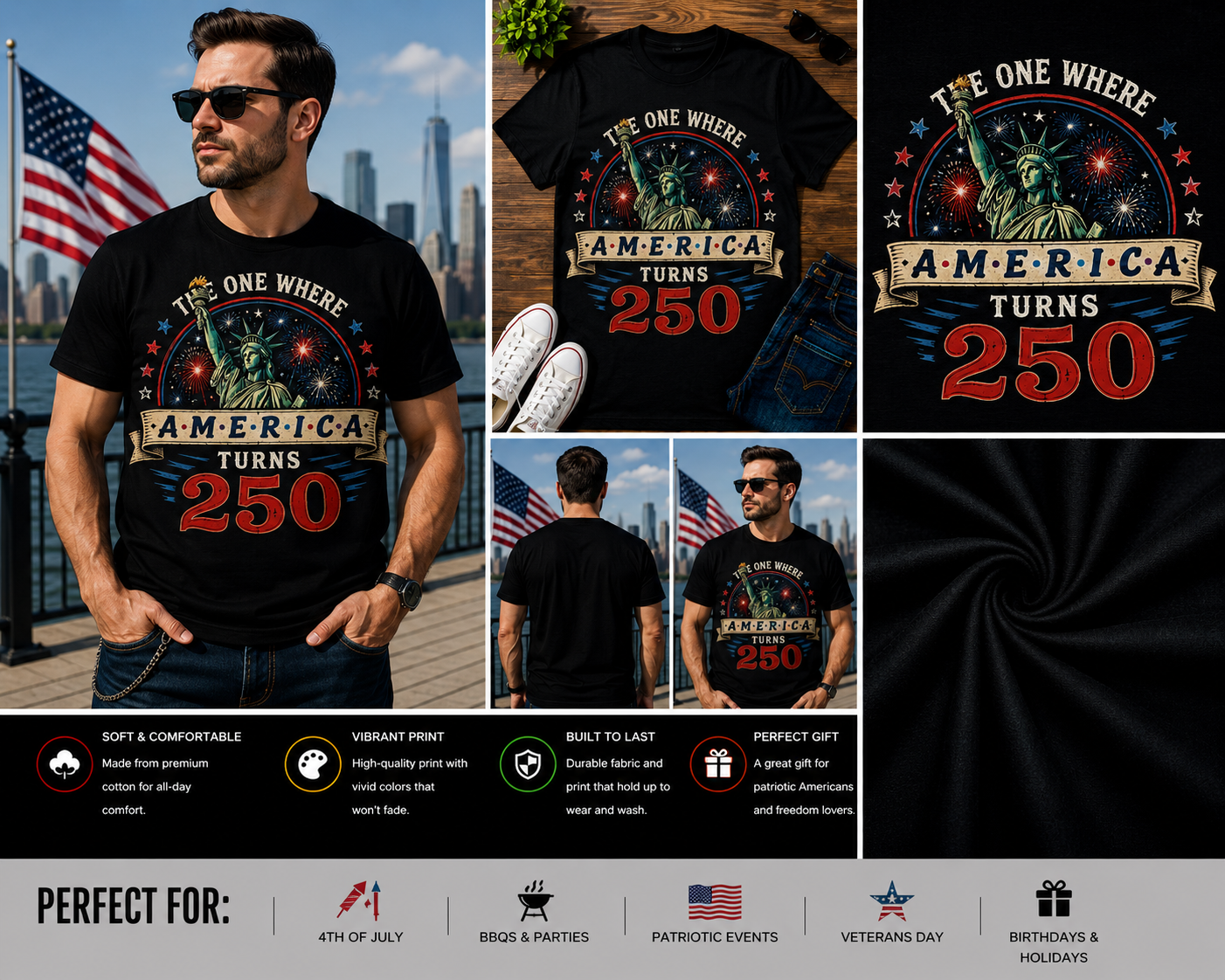 The One Where America Turns 250 Statue of Liberty Fireworks Patriotic T-Shirt