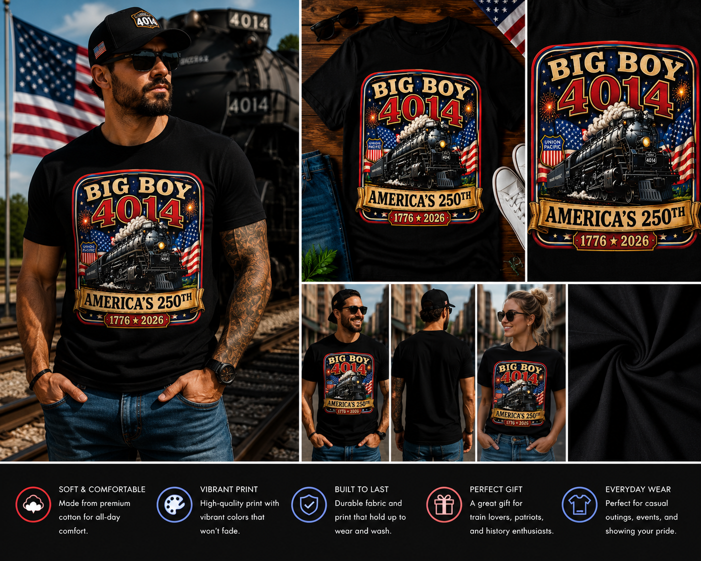 Big Boy 4014 America’s 250th Anniversary T-Shirt – Patriotic Union Pacific Steam Train Graphic Tee | USA Railroad Heritage Shirt