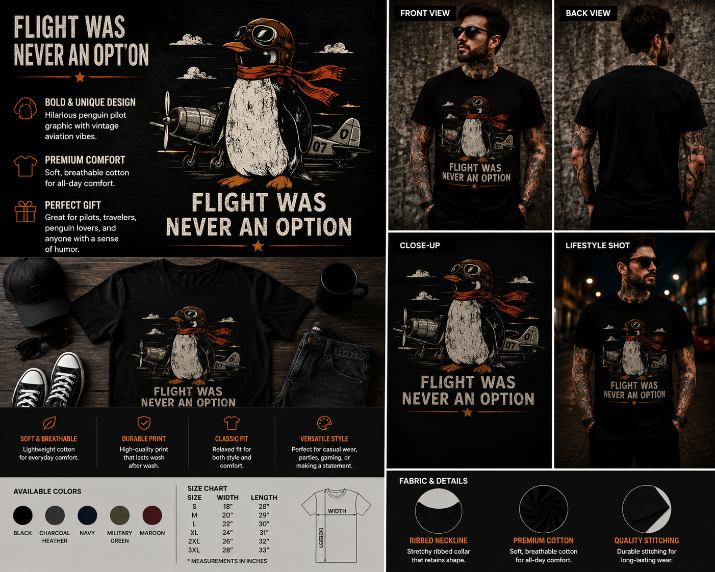 Flight Was Never an Option Penguin Pilot T-Shirt – Funny Vintage Aviator Bird Graphic Tee