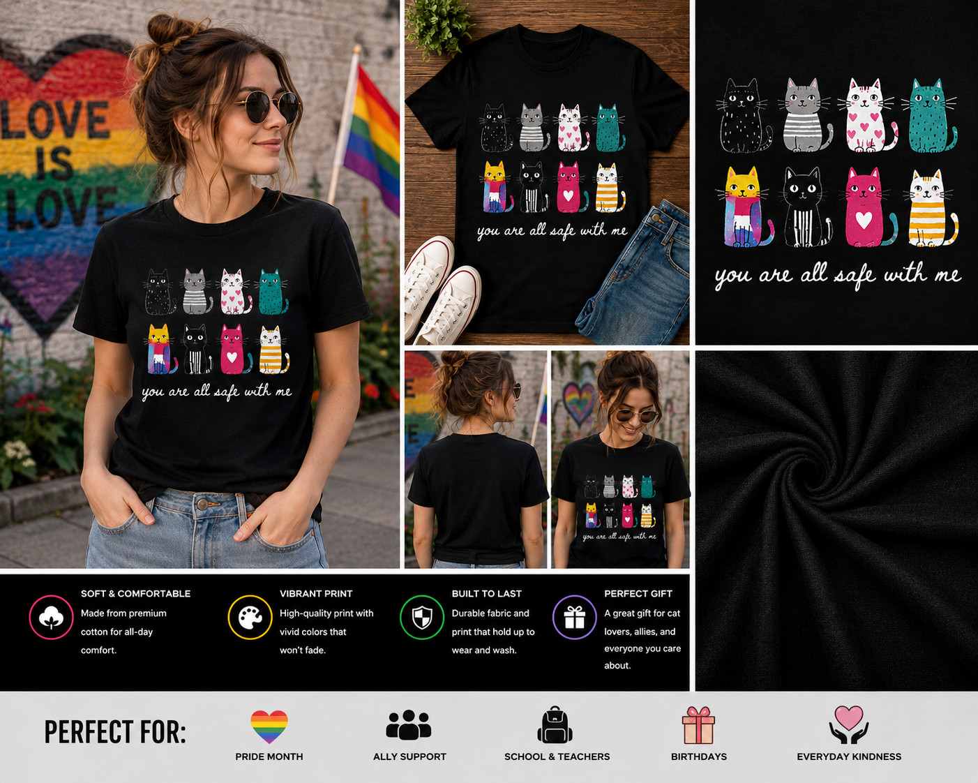 You Are All Safe With Me Cute Cats LGBTQ Pride Support T-Shirt