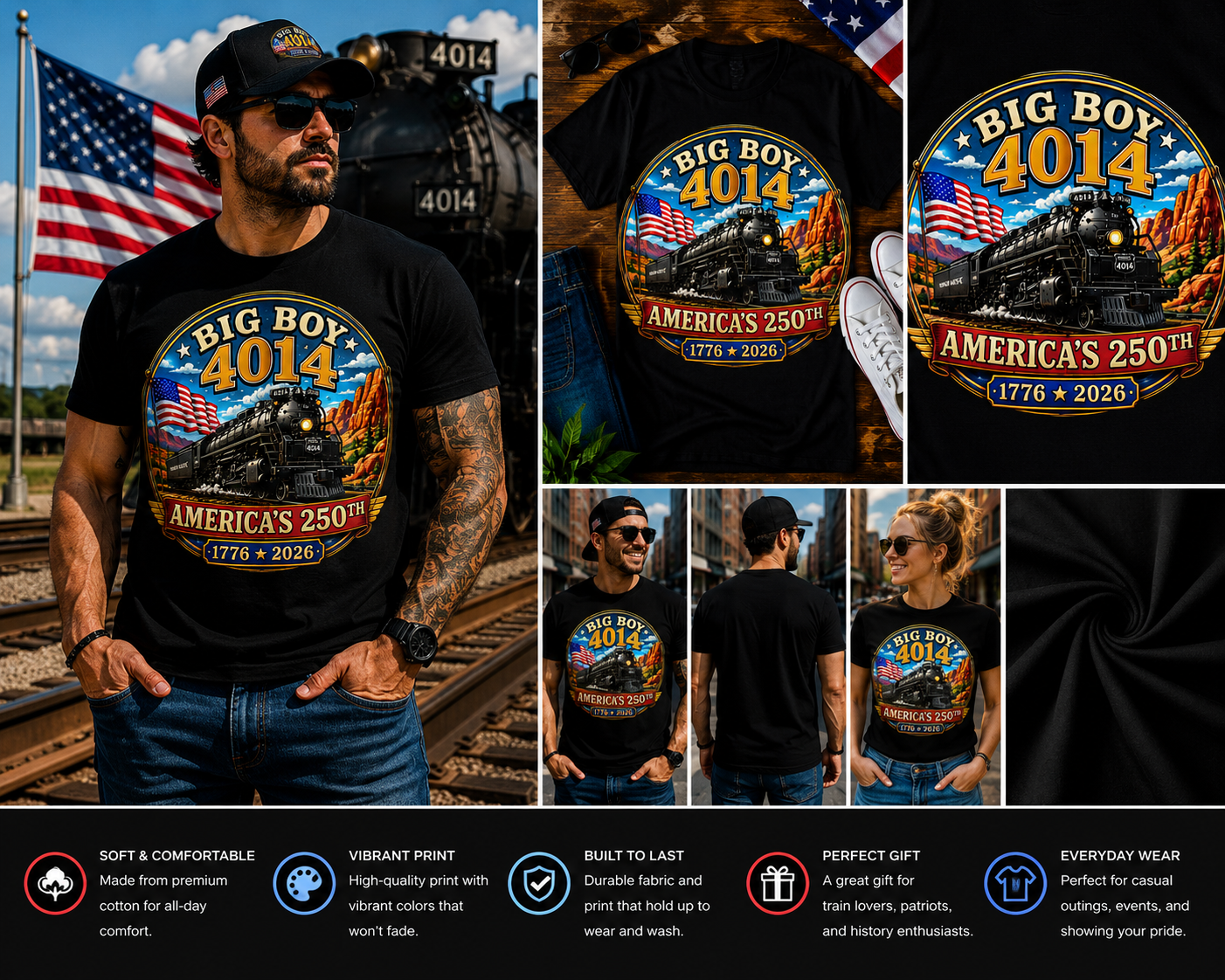 Big Boy 4014 America’s 250th Anniversary T-Shirt – Patriotic Steam Locomotive Graphic Tee | Vintage Railroad Heritage Shirt