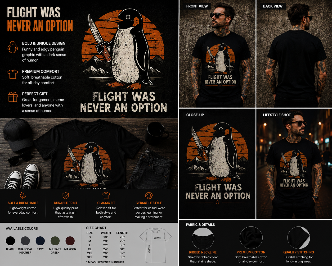 Flight Was Never an Option Knife Penguin T-Shirt – Funny Dark Humor Penguin Graphic Tee