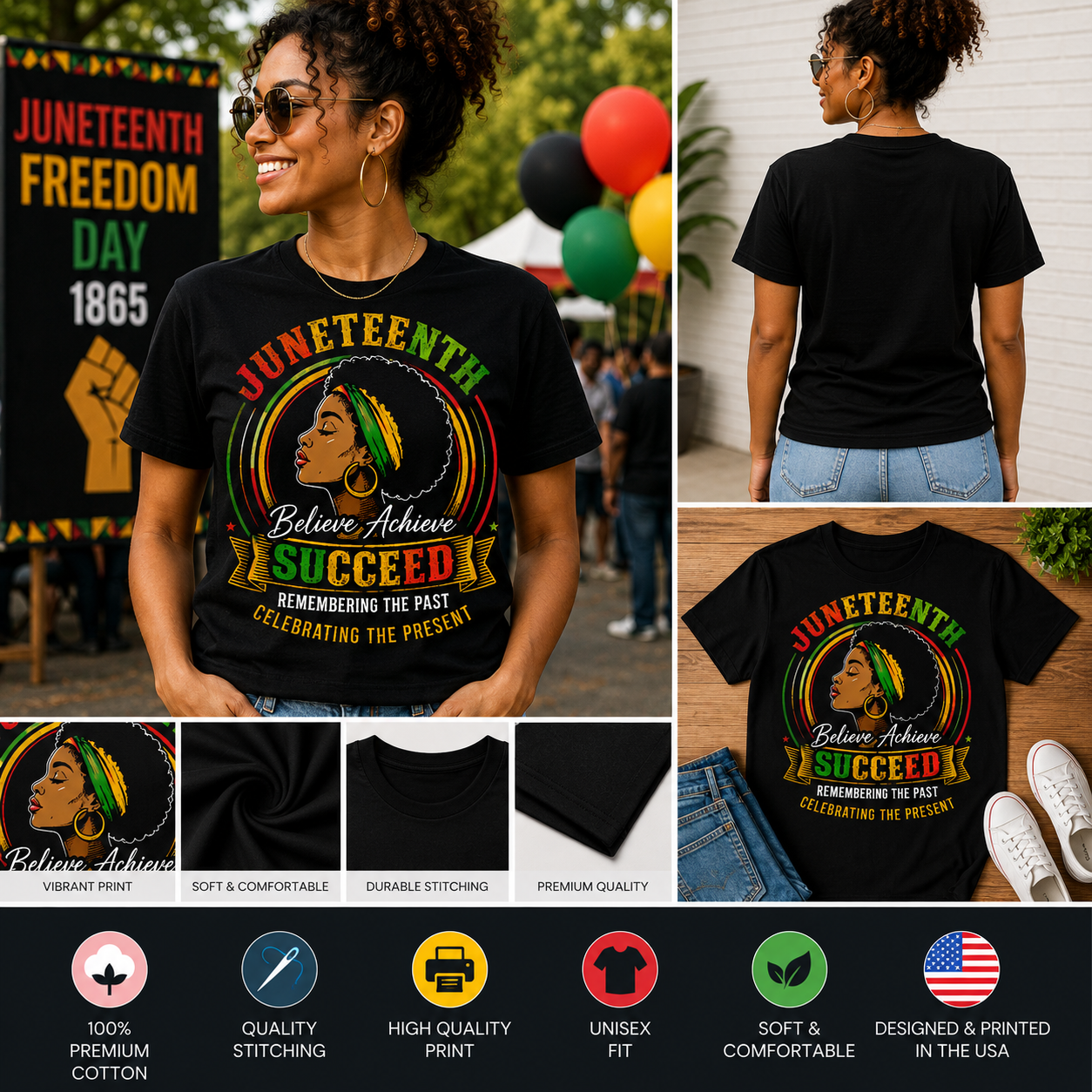 Juneteenth Believe Achieve Succeed T-Shirt – African American Pride Shirt, Black History & Freedom Celebration Graphic Tee