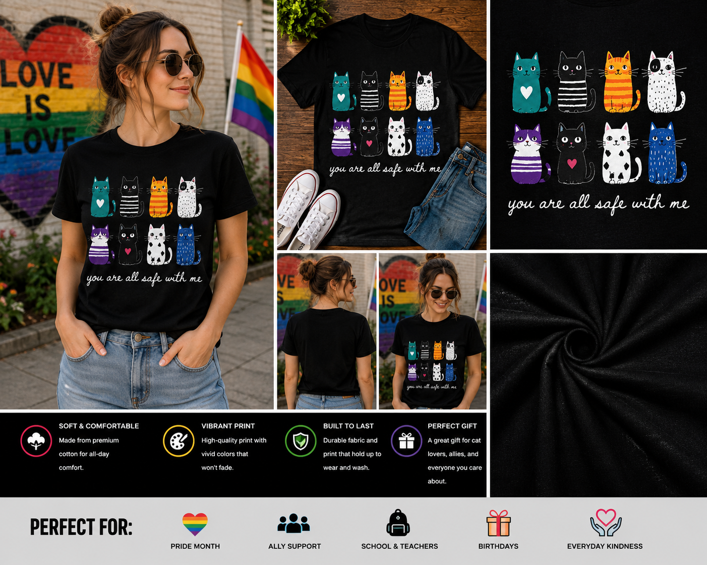 You Are All Safe With Me Cute Colorful Cats LGBTQ Ally Support T-Shirt