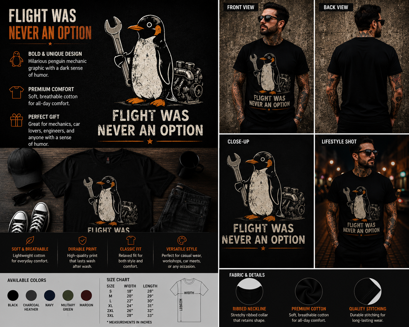 Flight Was Never an Option Mechanic Penguin T-Shirt – Funny Penguin Wrench Graphic Tee